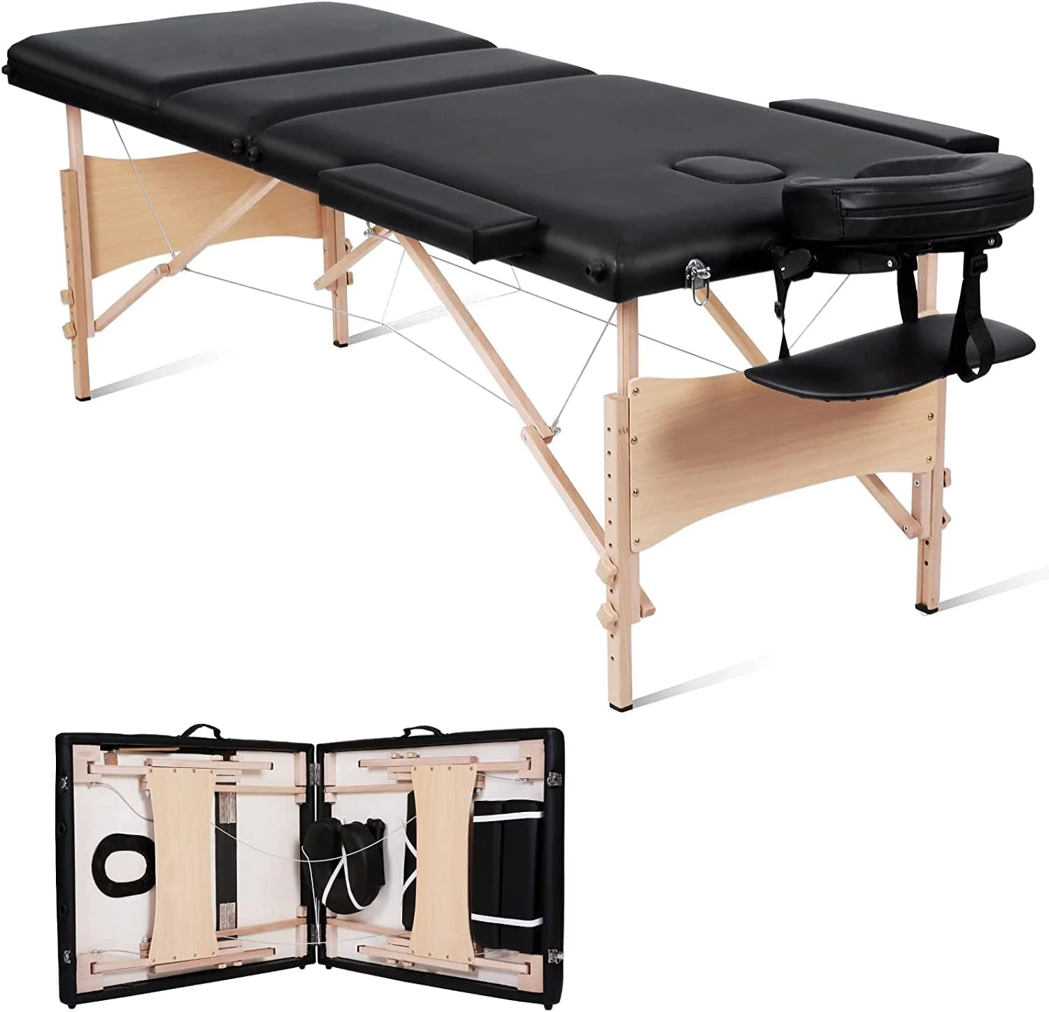 تخت ماساژ قابل حمل رویال پولار، ۳ تکه، پایه های چوبی با حفره صورت و کیف حمل، عرض ۷۰ سانتی متر، طول ۱۸۶ سانتی متر، تخت سالن، تخت مژه، تخت تاتو صورت