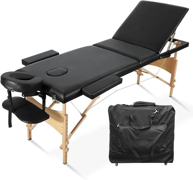 تخت ماساژ پرتابل سه تکه ETL با کیف حمل چرخ دار رایگان، فریم چوبی، روکش چرمی محافظ. طول 184 سانتی متر، عرض 71 سانتی متر، ارتفاع قابل تنظیم از 58 سانتی متر تا 84 سانتی متر، وزن 18.55 کیلوگرم
