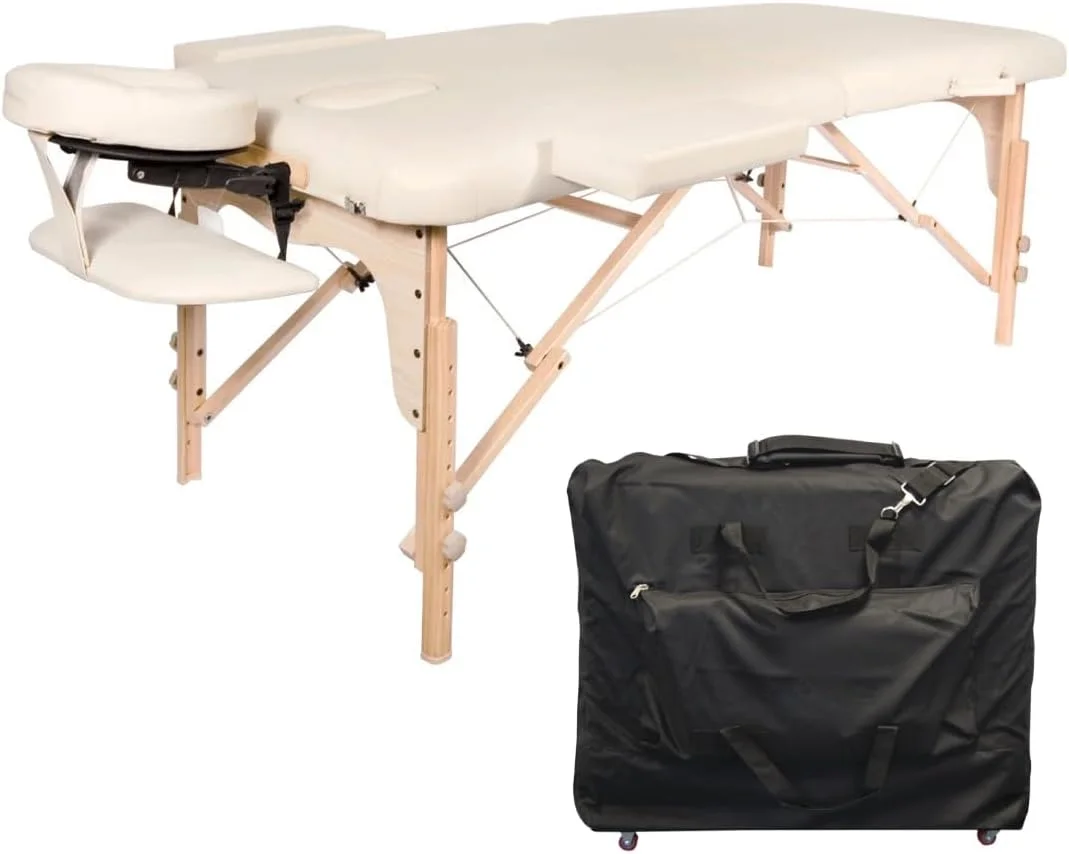 تخت ماساژ قابل حمل 28 اینچی با کیف حمل چرخ دار رایگان، مناسب برای سالن اسپا و تاتو، ارتفاع قابل تنظیم از 57 سانتی متر تا 83 سانتی متر، ظرفیت کاری 249 کیلوگرم، وزن تخت فقط 13.5 کیلوگرم، رنگ بژ، فوم 1.5 اینچی/4 سانتی متری