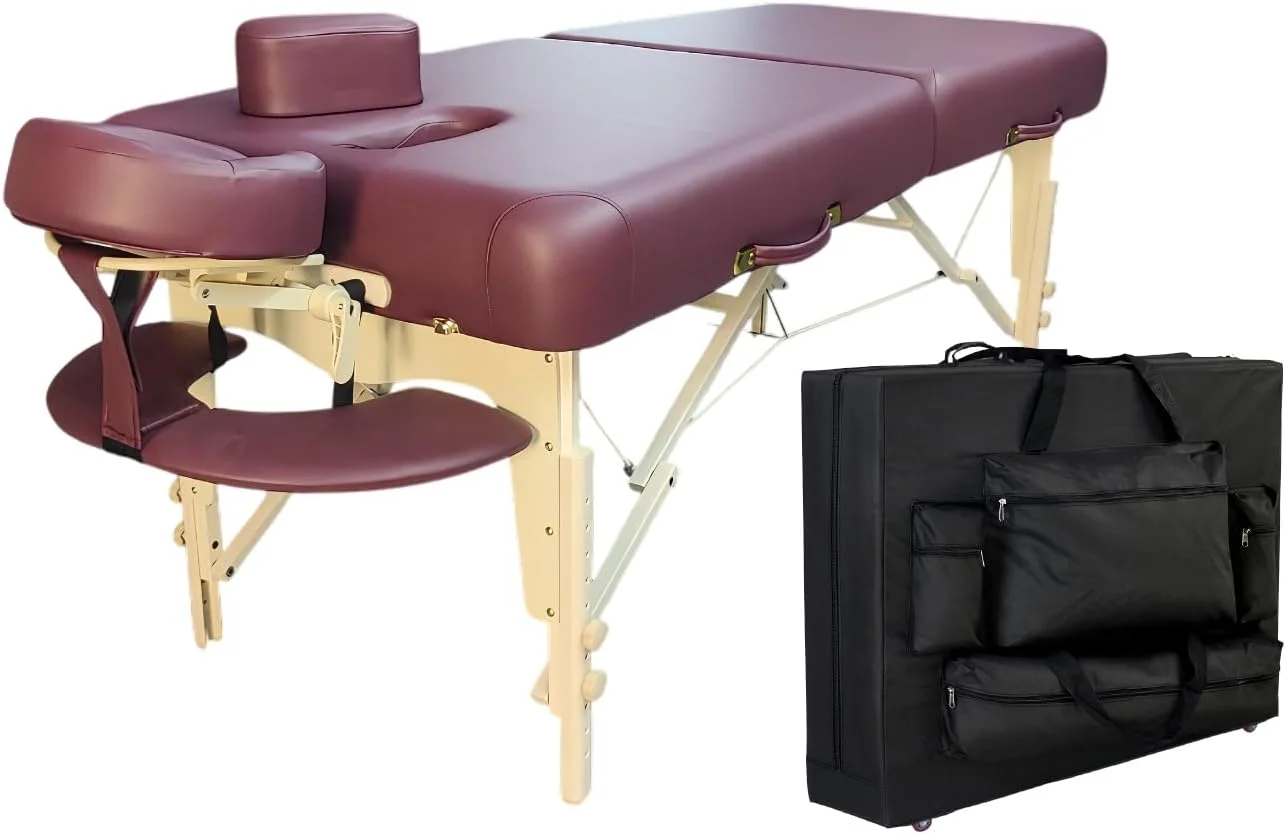 تخت ماساژ پرتابل MASTER، 76 سانتی‌متری، رنگ بورگاندی، تخت دو قسمتی با حفره صورت و درپوش، کیف حمل رایگان چرخ‌دار، بالشتک ضخیم 10 سانتی‌متری، وزن 17.4 کیلوگرم، میز سبک وزن قابل تنظیم ارتفاع