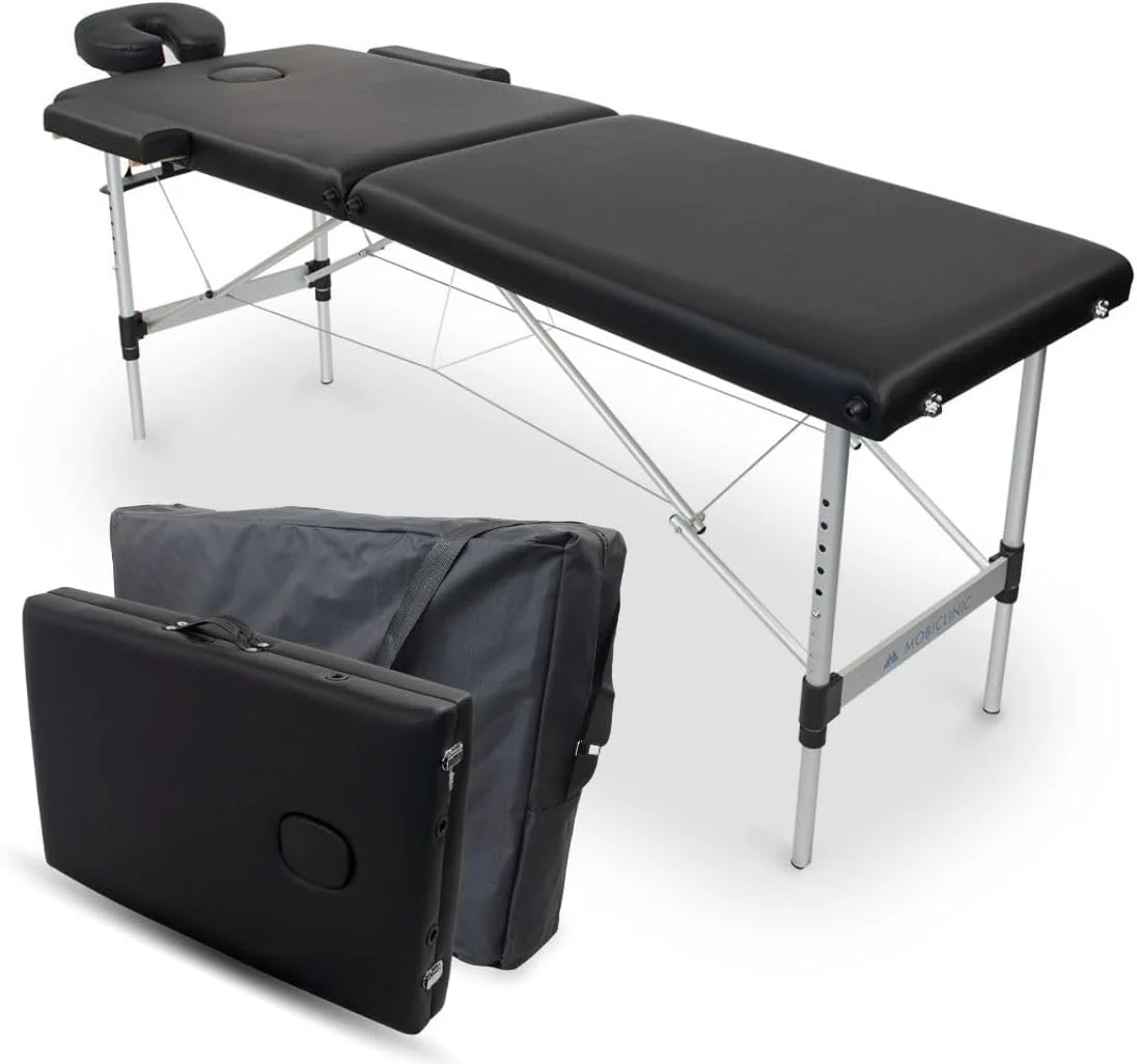 تخت ماساژ تاشو موبیکلینیک مدل CA-01 Light، تخت ماساژ، دارای زیر سری، آلومینیومی و چرم مصنوعی، برند اروپایی، 2 تکه، تخت فیزیوتراپی، ارتفاع قابل تنظیم، 185x58 سانتی متر، قابل حمل، مشکی