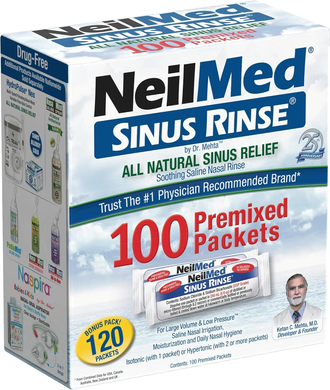 محلول شستشوی بینی نیل‌مد، تسکین طبیعی، بسته‌های پیش‌ساخته 100 عددی (بسته 1 عددی)