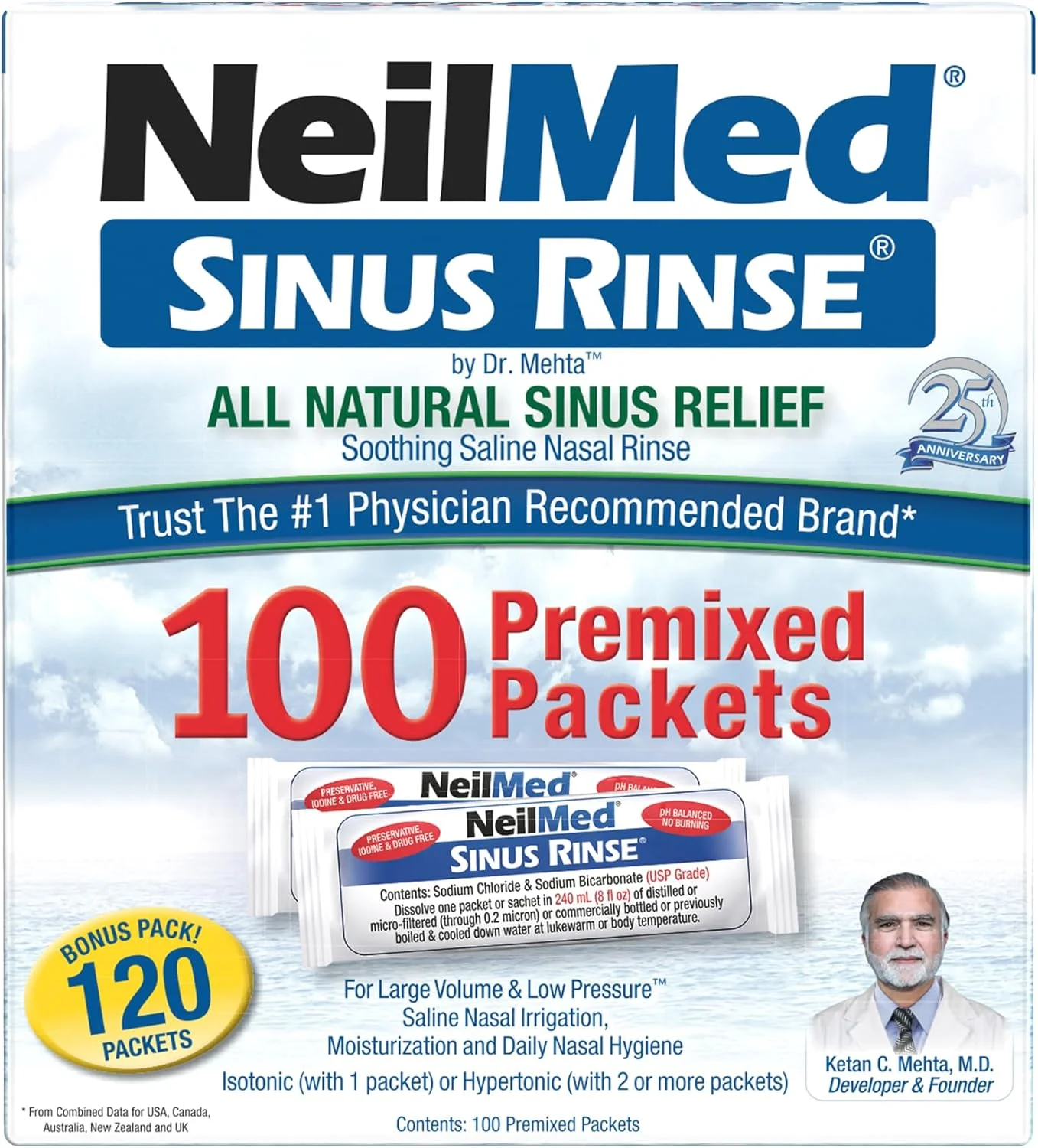 محلول شستشوی بینی نیل‌مد، تسکین طبیعی، بسته‌های پیش‌ساخته 100 عددی (بسته 1 عددی)