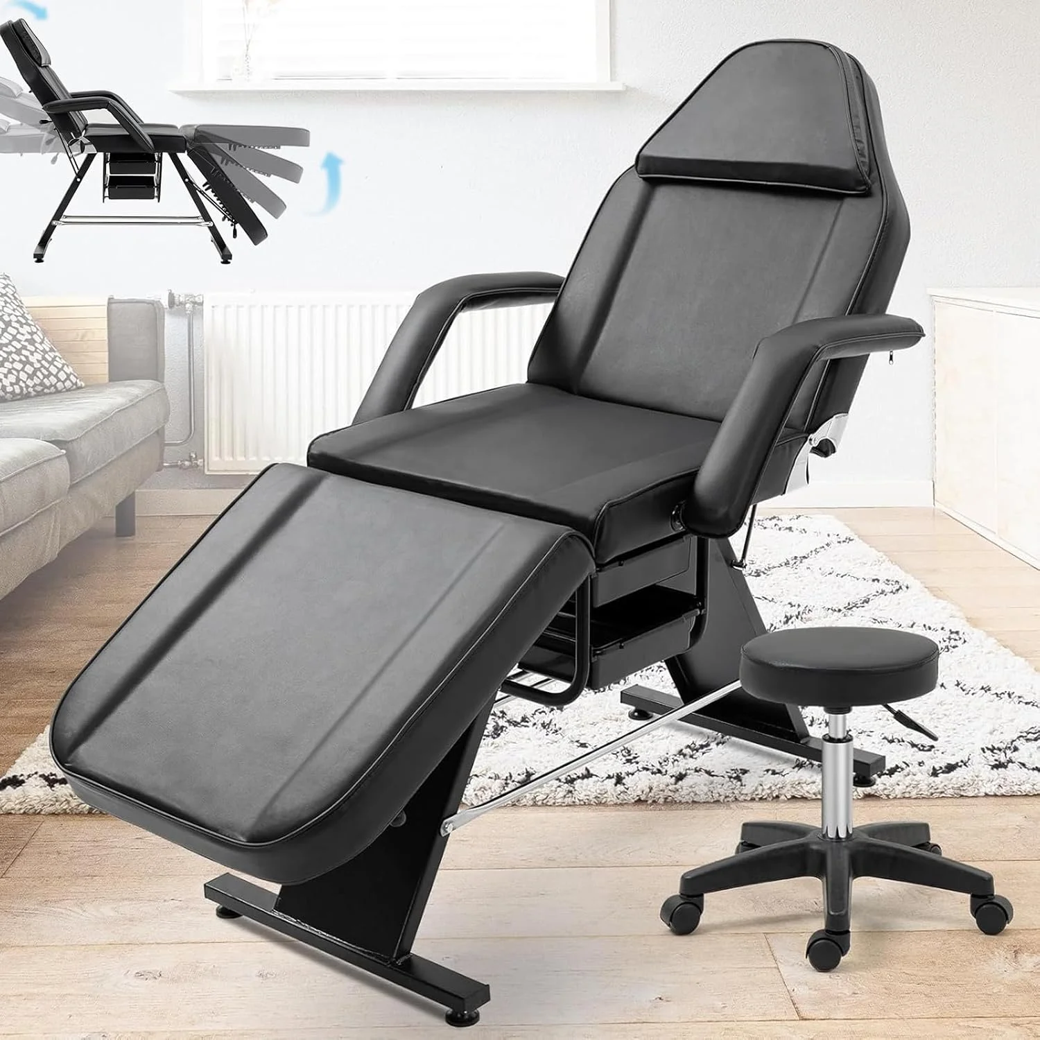 تخت ماساژ حرفه ای LIODUX، تخت سه مرحله ای زیبایی برای متخصصان زیبایی و صورت، تخت اسپا سالن زیبایی قابل تنظیم، دارای قفسه زیرین برای نگهداری، صندلی گردان برای تجهیزات سالن اکستنشن مژه و صورت (مشکی)