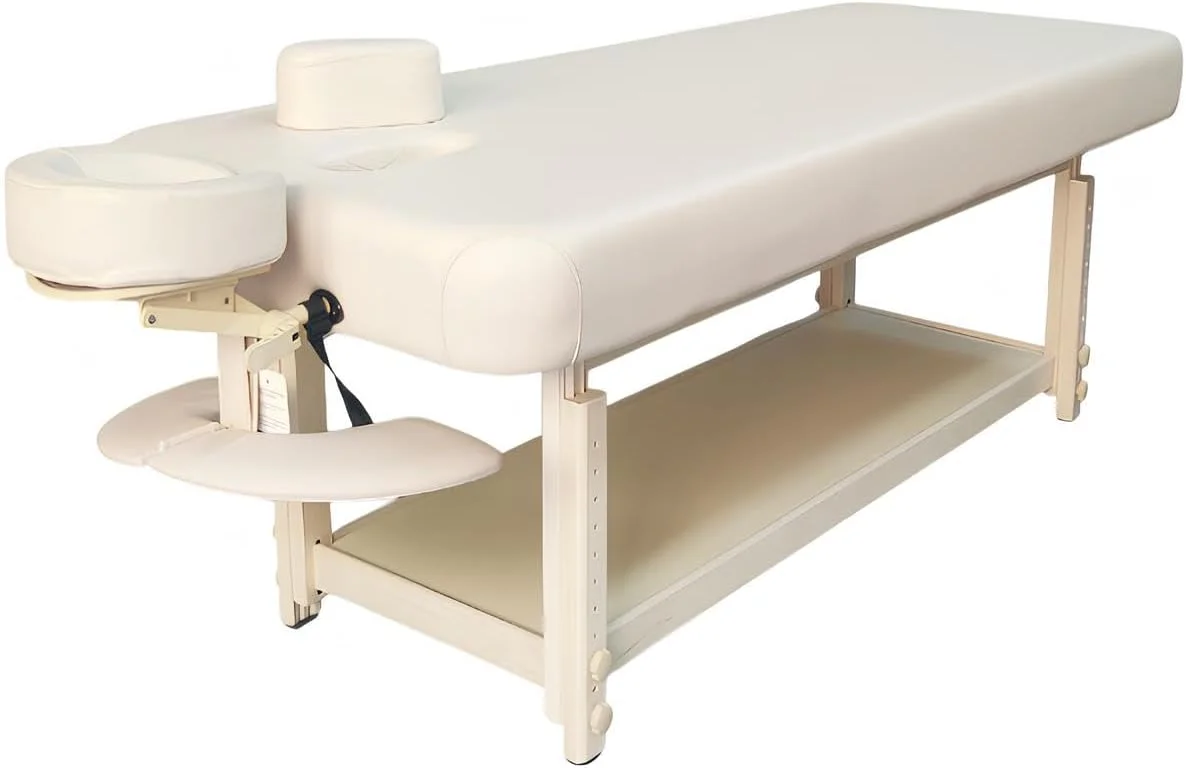 تخت ماساژ تایلندی کمانی مستر 32 اینچی با حفره صورت و درپوش، میز ماساژ چوبی با روکش PU لوکس برای سالن اسپا، تاتو، درمان، قفسه نگهداری باز، طول 194 سانتی متر