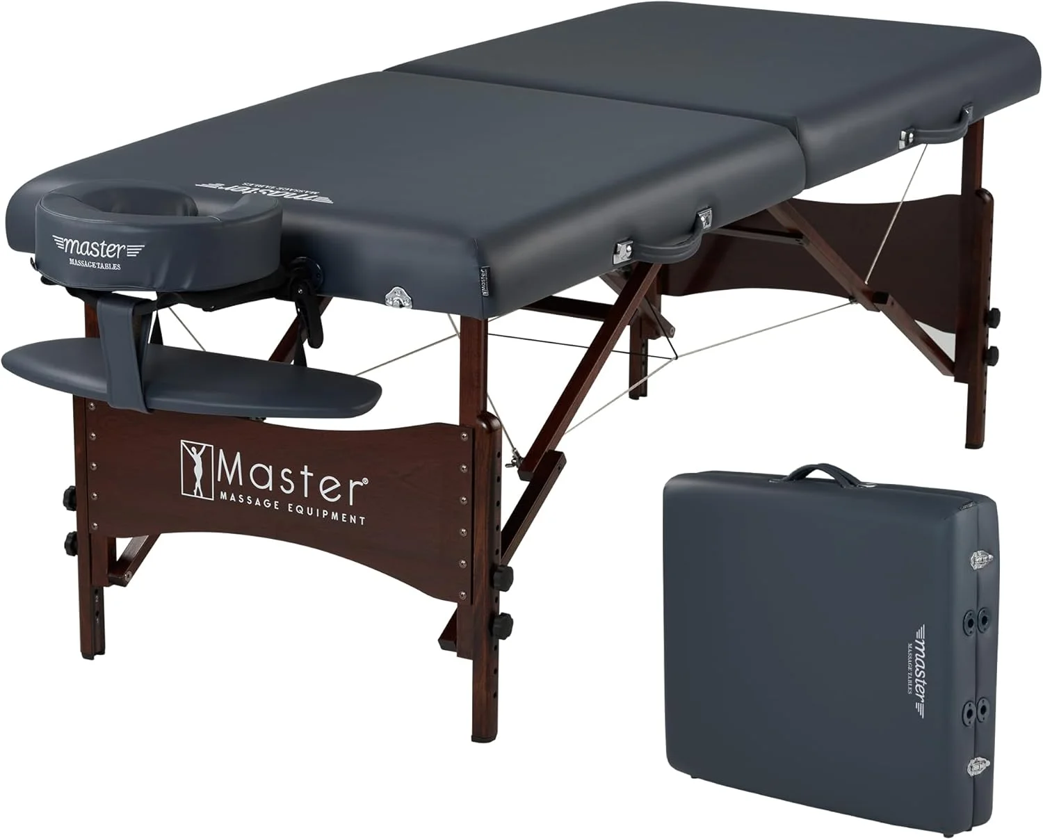 تخت ماساژ قابل حمل نیوپورت مستر ماساژ با کوسن 2.5 اینچی، فریم گردویی، کابل های فولادی، بالش و لوازم جانبی - آبی رویال