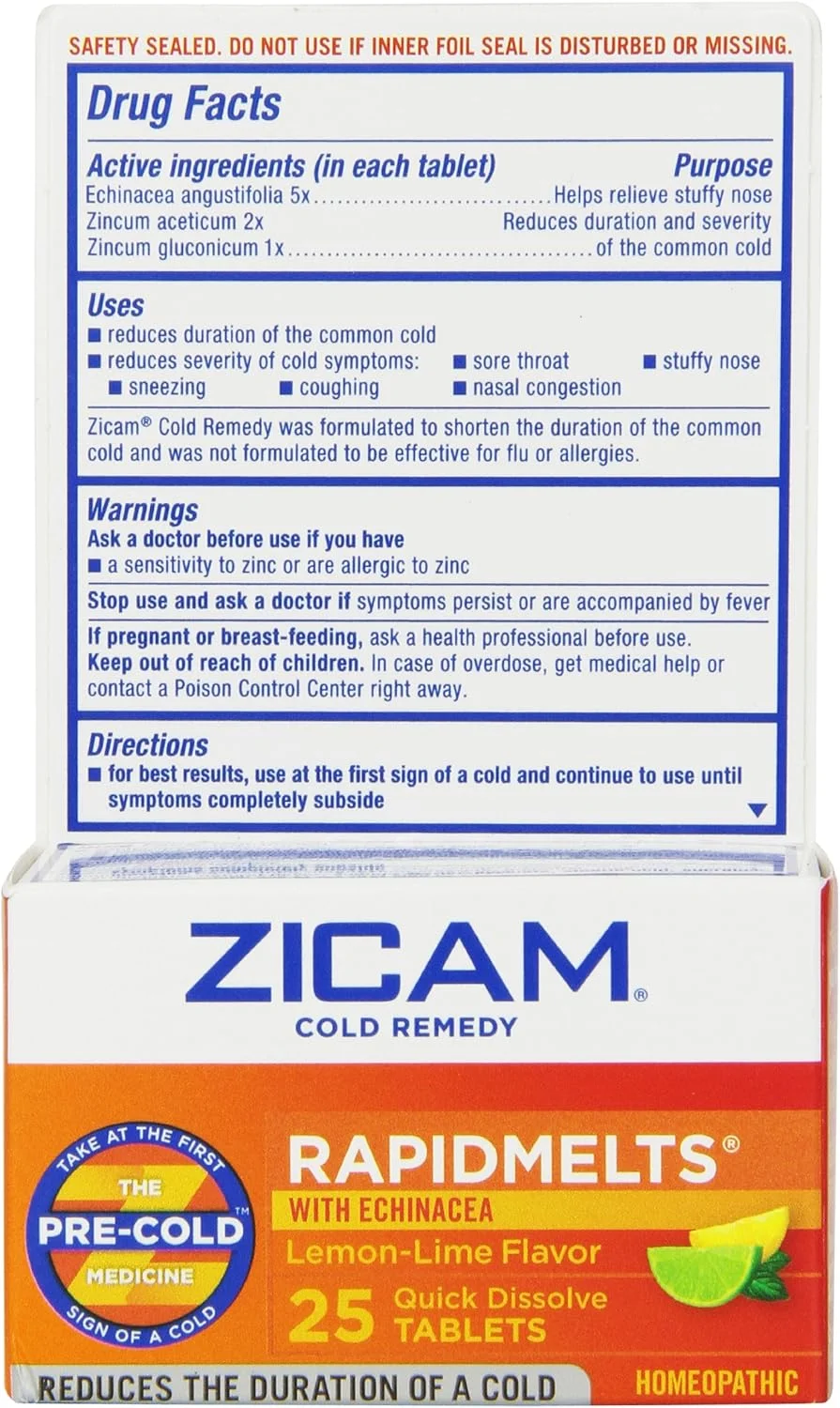 قرص های سریع حل شونده زیکام برای درمان سرماخوردگی با اکیناسه، طعم لیمو-لایم، 25 عدد، درمان سرماخوردگی هومیوپاتیک، از نظر بالینی ثابت شده است که در صورت مصرف در اولین نشانه های علائم، طول دوره سرماخوردگی را کوتاه می کند