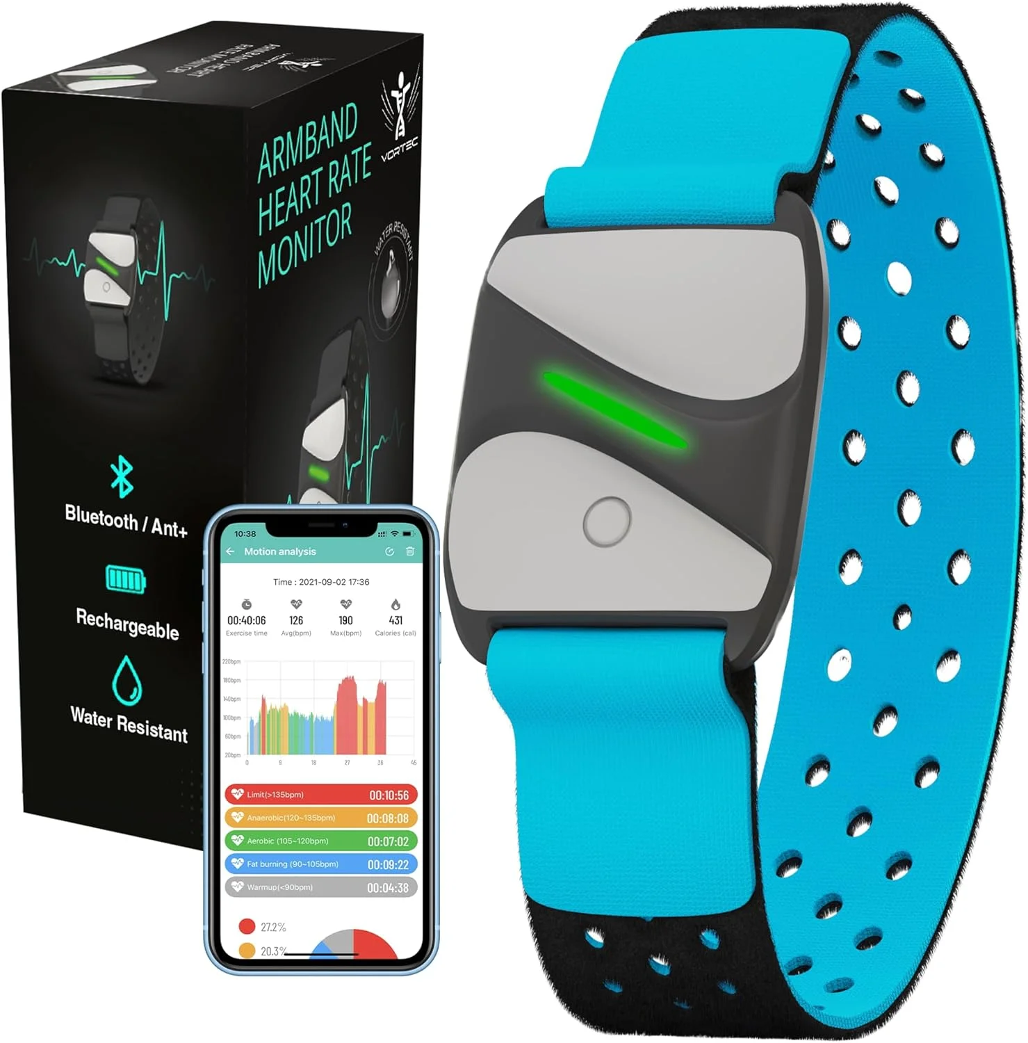 سنسور ضربان قلب بازویی بلوتوثی Vortec ANT+ با دقت بند سینه ای، سازگار با Peloton Wahoo Garmin Polar و بیش از 200 برنامه دیگر، قابل شارژ، مقاوم در برابر آب Ip67 با سنسورهای نوری