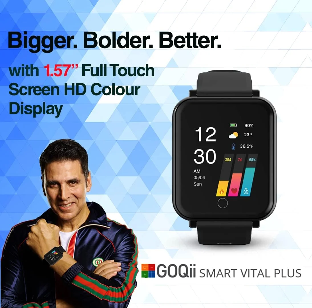 ساعت هوشمند Goqii Smart Vital Plus با صفحه نمایش لمسی 1.57 اینچی HD، سنجش اکسیژن خون، دمای بدن، فشار خون، ضربان قلب، مراقبت از بانوان و 3 ماه مربیگری شخصی (مشکی)، سایز معمولی