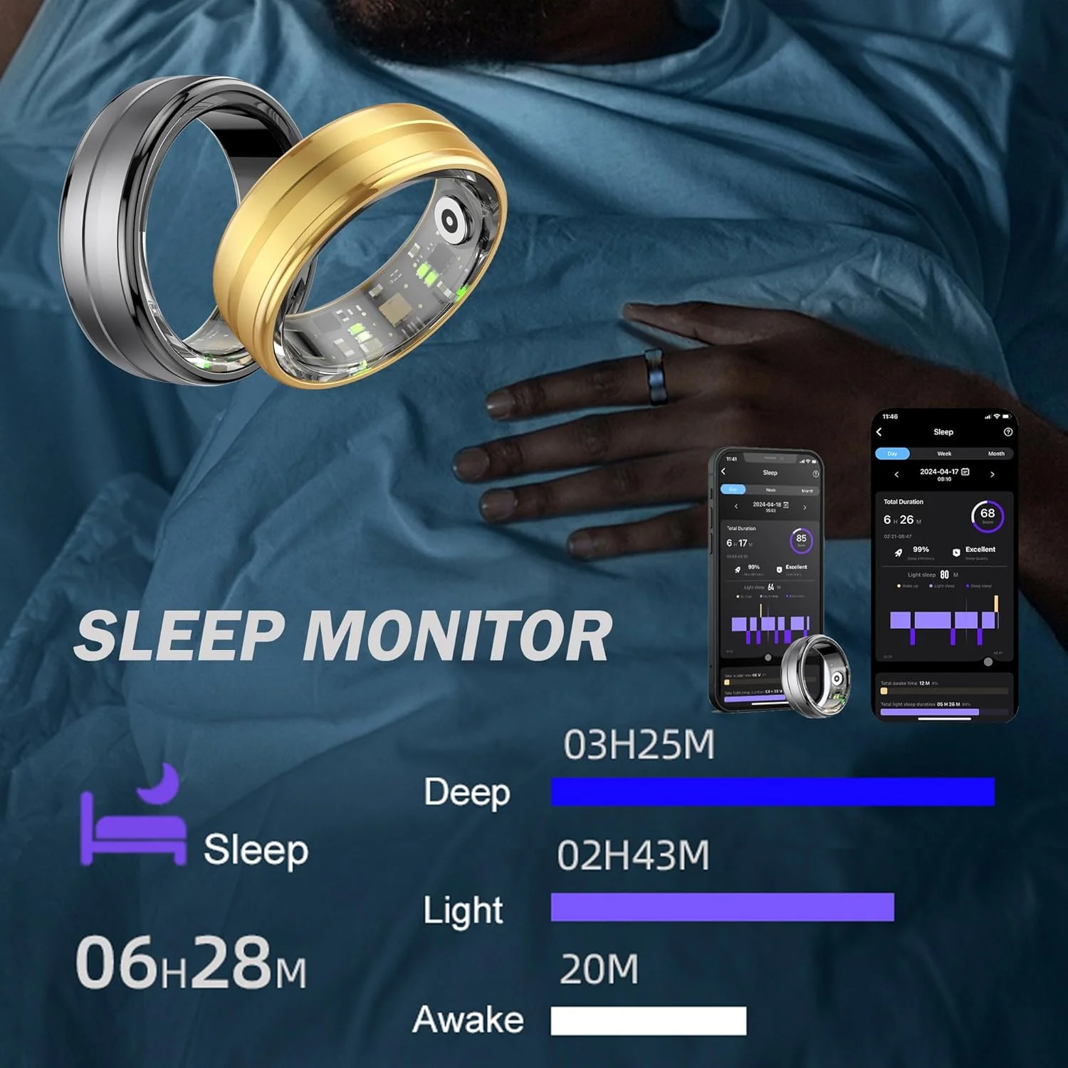 حلقه هوشمند پایش سلامتی با قابلیت شمارش ضربان قلب و کالری، عمر باتری طولانی، مناسب برای آقایان و بانوان، سازگار با گوشی های اندروید و iOS - حلقه طلایی