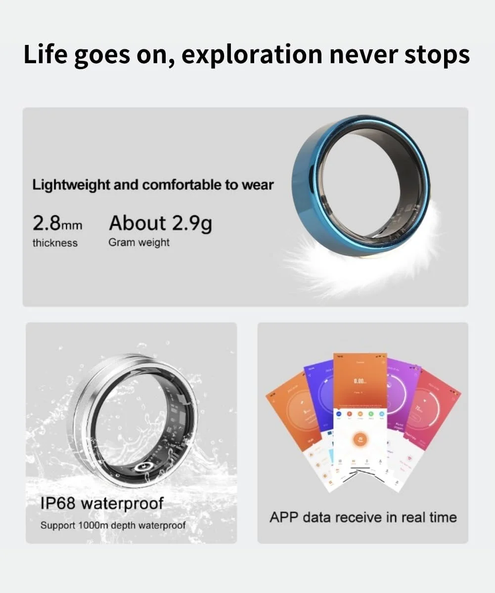 حلقه هوشمند با قابلیت شمارش کالری، ضربان قلب، گام شمار، پایش ضربان قلب و اکسیژن خون، ردیابی خواب و ضد آب IP68 - سازگار با اندروید و (11)