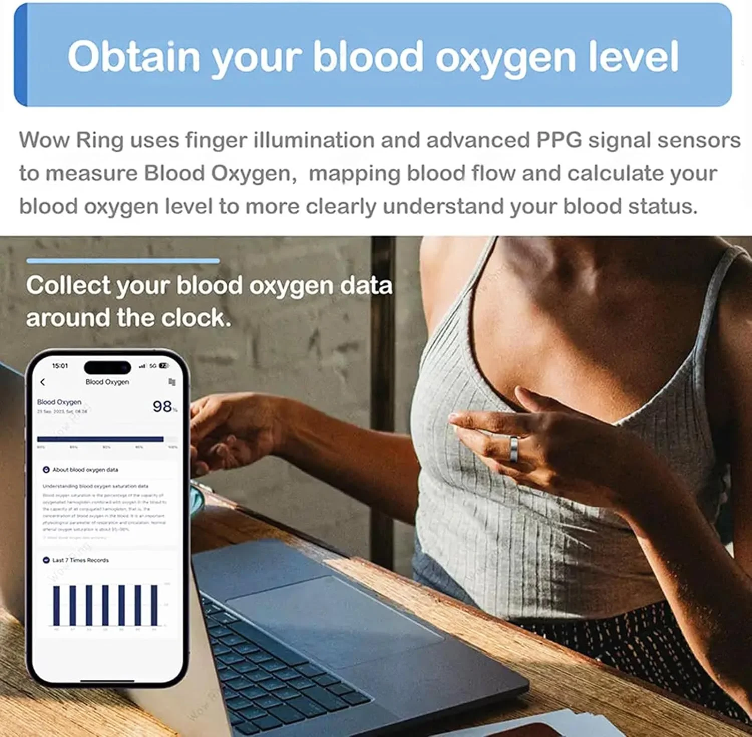 حلقه هوشمند ردیاب سلامتی برای زنان و مردان، با بلوتوث 5.1، مانیتور ضربان قلب، HRV، اشباع اکسیژن خون، دمای بدن، خواب، ورزش، سازگار با iOS و Android، نقره ای - #12