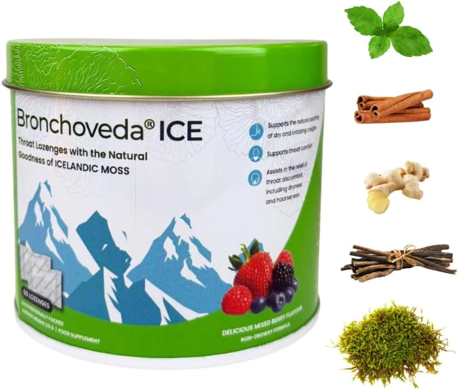 قرص های مکیدنی خنک کننده گلو، تسکین دهنده طبیعی گلو با خزه ایسلندی، شیرین بیان، ریحان مقدس، 7 ماده