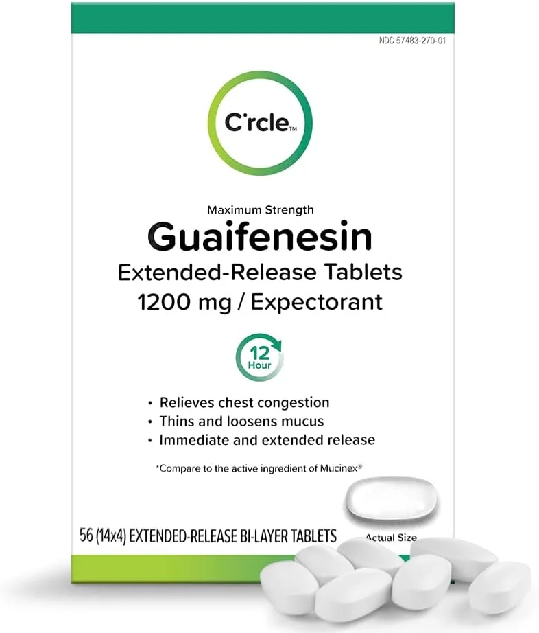قرص گایافنزین ۱۲۰۰ میلی‌گرم C'rcle، ۵۶ عدد - قرص‌های گایافنزین برای تسکین احتقان قفسه سینه و خلط آور - رهش طولانی، تسکین ۱۲ ساعته احتقان قفسه سینه - رقیق کننده و شل کننده مخاط