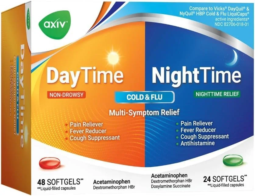 بسته ترکیبی سافت ژل های داروی سرماخوردگی و آنفولانزای روز و شب AXIV، تسکین روزانه و شبانه برای سردرد، تب، گلودرد، دردهای جزئی و سرفه، 72 سافت ژل