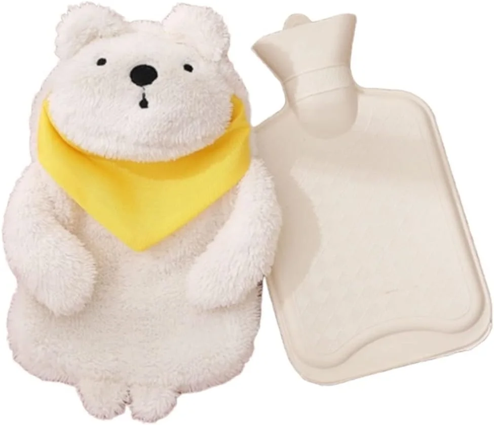 کیسه آب گرم 1000 میلی لیتری با روکش، کیف دستی گرم کننده دست زمستانی و زیبا، کیف گرم کننده خزدار با قابلیت جدا شدن و شستشو (رنگ: سفید)