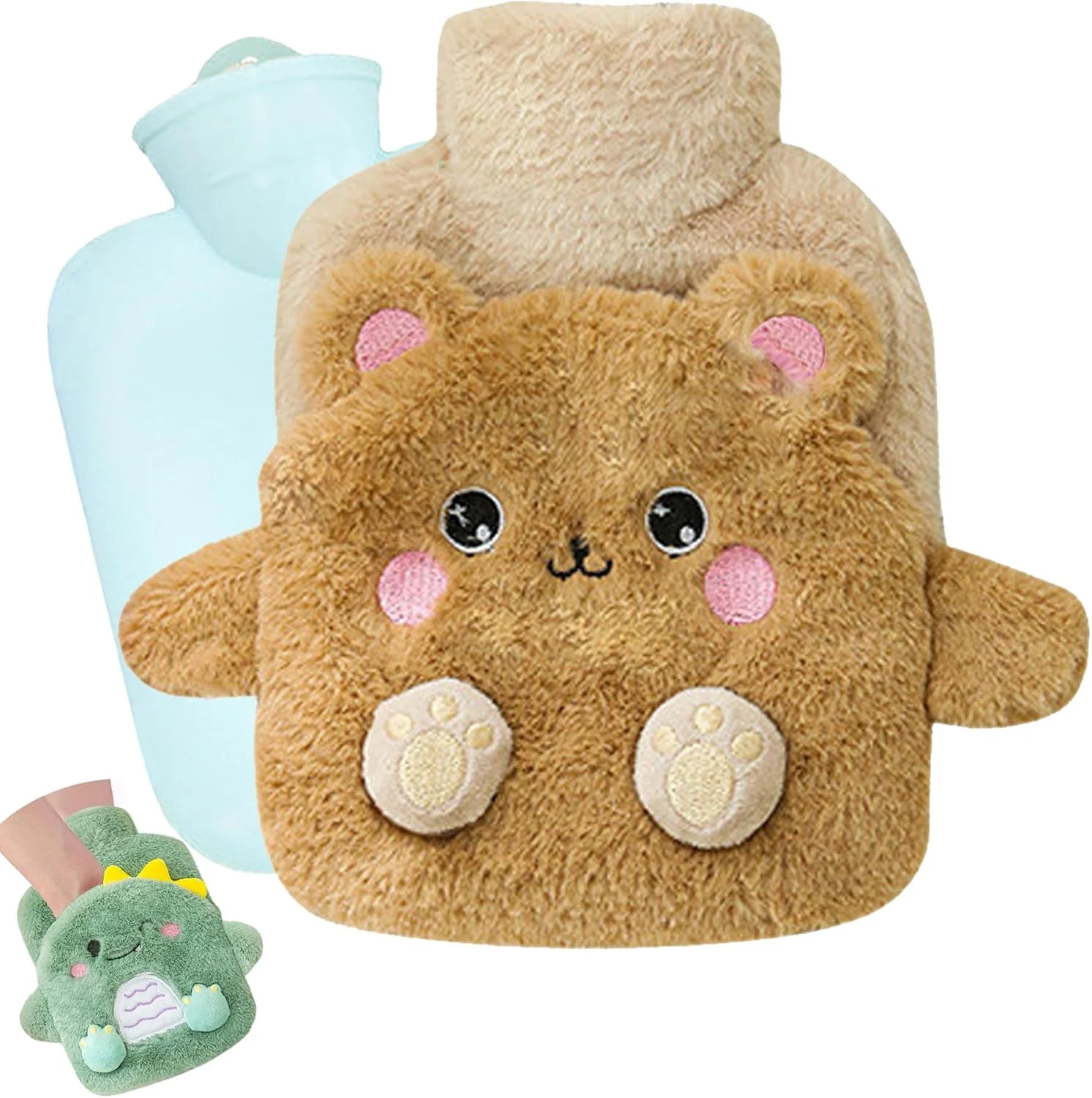 کیسه آب گرم کودکانه، کیسه آب گرم طرح دایناسور با روکش گرم کننده دست، روکش نرم، قابل جدا شدن و شستشو، تست شده و فاقد مواد مضر