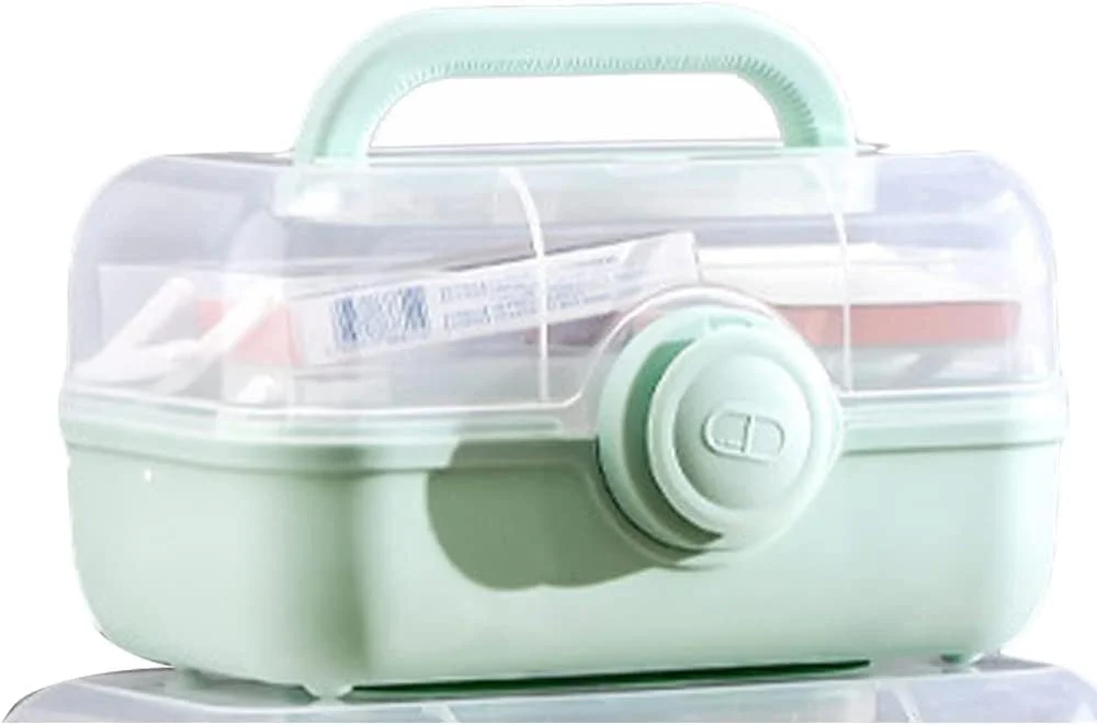 جعبه کمک های اولیه YXQ، جعبه نگهداری دارو با سینی تاشو 3 طبقه پلاستیکی قابل حمل برای خانه / مدرسه / دفتر، سبز