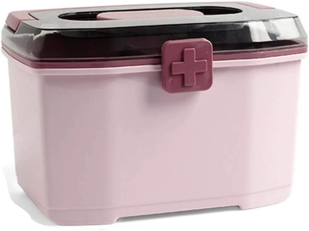 جعبه کمک های اولیه چند منظوره قابل حمل، جعبه دارویی خانگی دولایه ضخیم (سایز: متوسط، رنگ: صورتی)