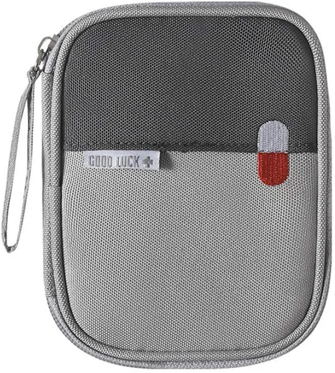 کیف کمک های اولیه خالی، کیف حمل دارو مسافرتی، کیف کوچک زیپ دار آکسفورد، سازمان دهنده بسته قرص دارویی با 3 جیب + 1 محفظه اصلی - 14x11x2 سانتی متر (خاکستری-S)