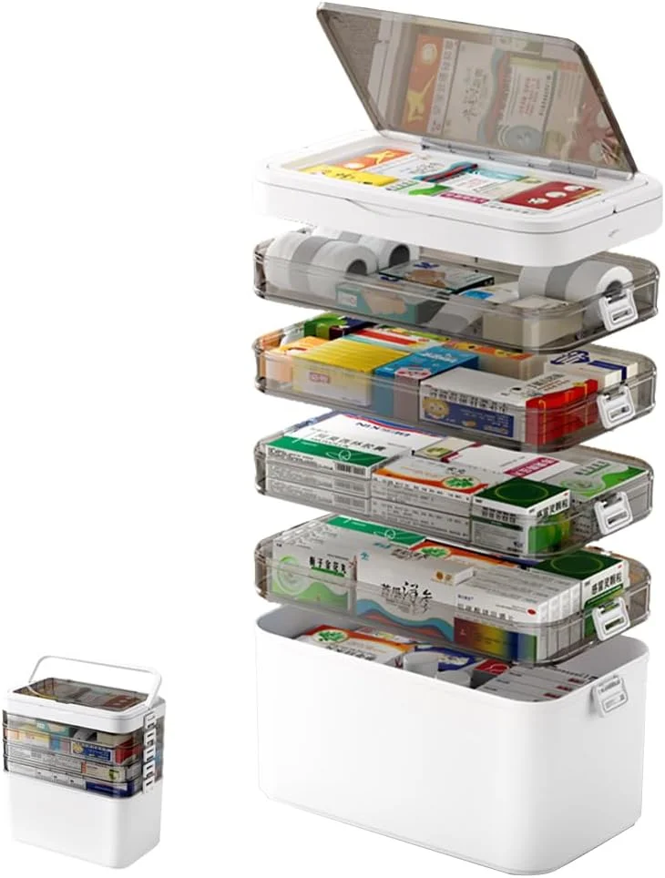 جعبه کمک های اولیه 6 طبقه با دستگیره، جعبه نگهداری دارو قابل حمل، جعبه چند منظوره برای کمک های اولیه خانواده، خانه، مسافرت (سفید)