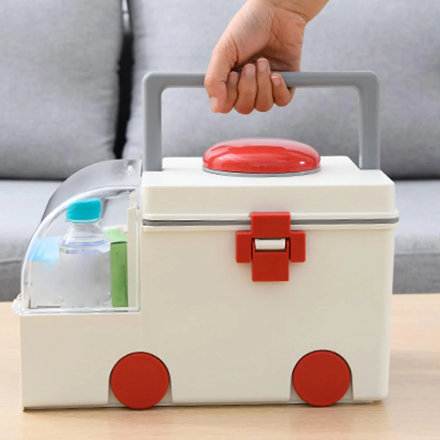 جعبه کمک های اولیه، جعبه نگهداری دارو با ظرفیت بزرگ با دسته قابل حمل، شکل آمبولانس دو لایه چند منظوره زیبا و بادوام کیت لوازم سازمان دهنده برای خانه (خاکستری)