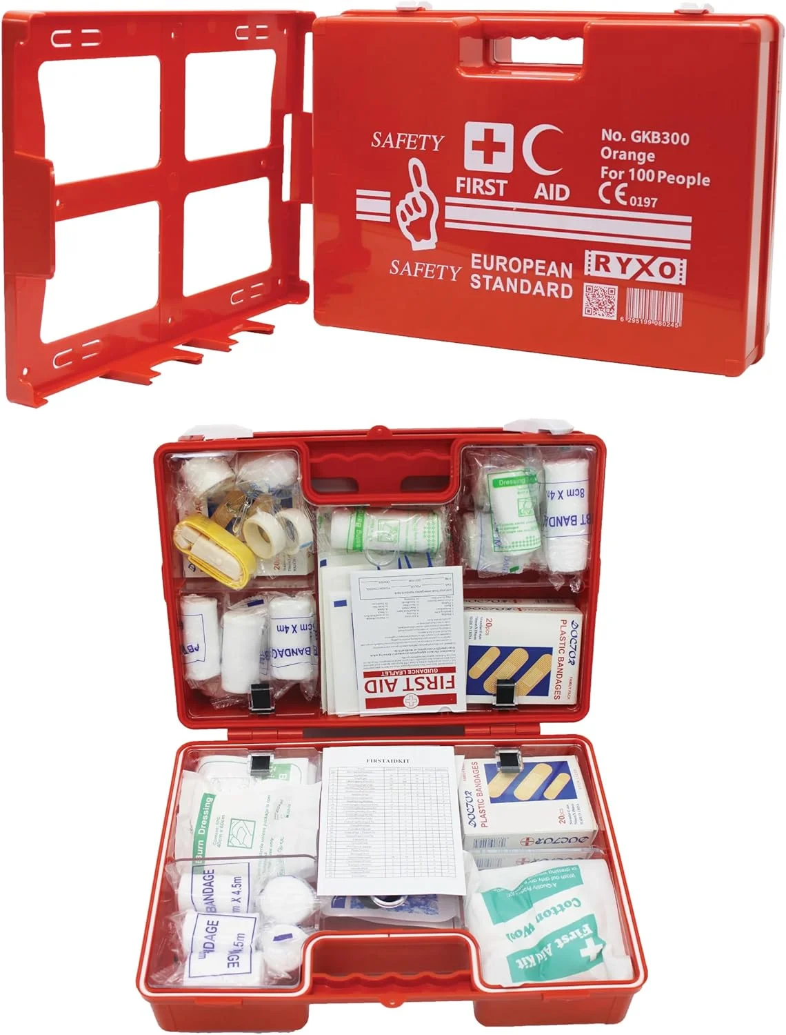جعبه کمک های اولیه - مناسب برای ۱۰۰ نفر | پلاستیک ABS مقاوم | دارای براکت نصب دیواری و استیکر دیواری | نارنجی | استاندارد اروپا | ایمنی RYXO | CLEARWAY