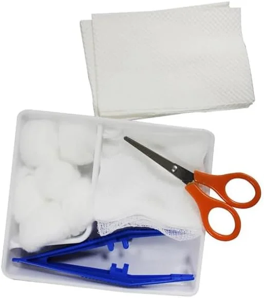 ست پانسمان برای پرستاری - کیت کامل پانسمان استریل با سینی، پنبه توپی، گاز استریل، فورسپس پلاستیکی، حوله پانسمان، قیچی و میدان استریل