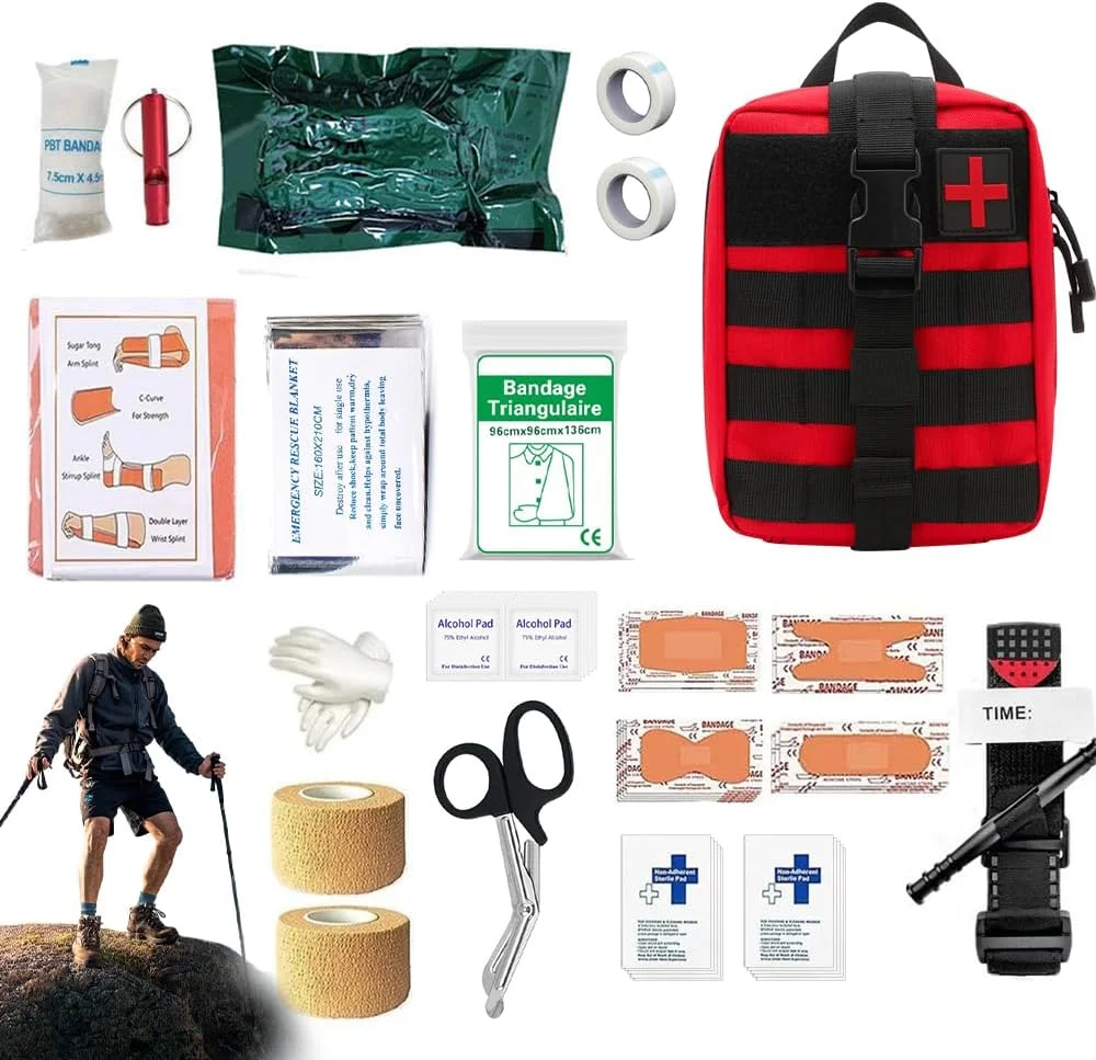 جعبه کمک های اولیه 54 تکه، کیف کمک های اولیه اضطراری، کیف بزرگ ترومای، کیف کمک های اولیه مجهز به سیستم Molle برای خانه و محل کار شامل باند، تورنیکه و ملزومات برای موقعیت های روزمره (قرمز)