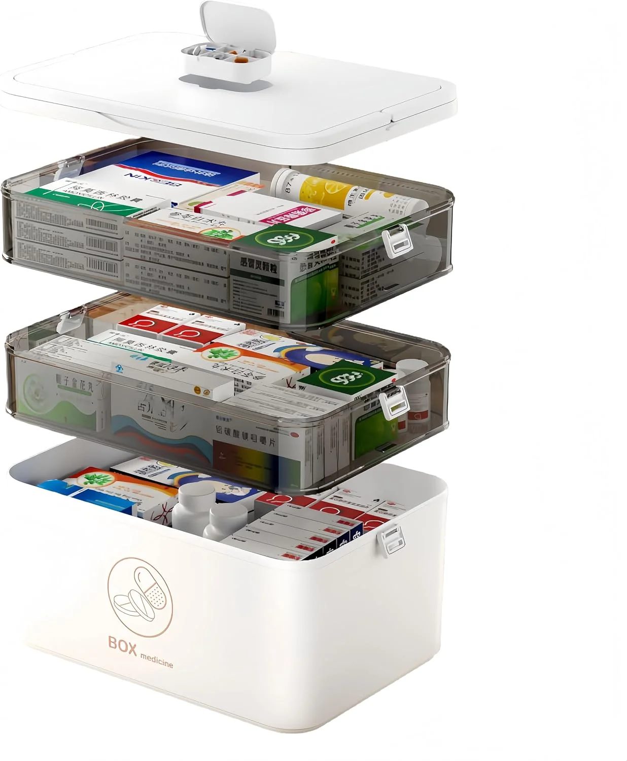 جعبه نگهداری دارو سه لایه با محفظه، سازمان دهنده کمک های اولیه قابل حمل، کابینت پلاستیکی مناسب برای استفاده در منزل