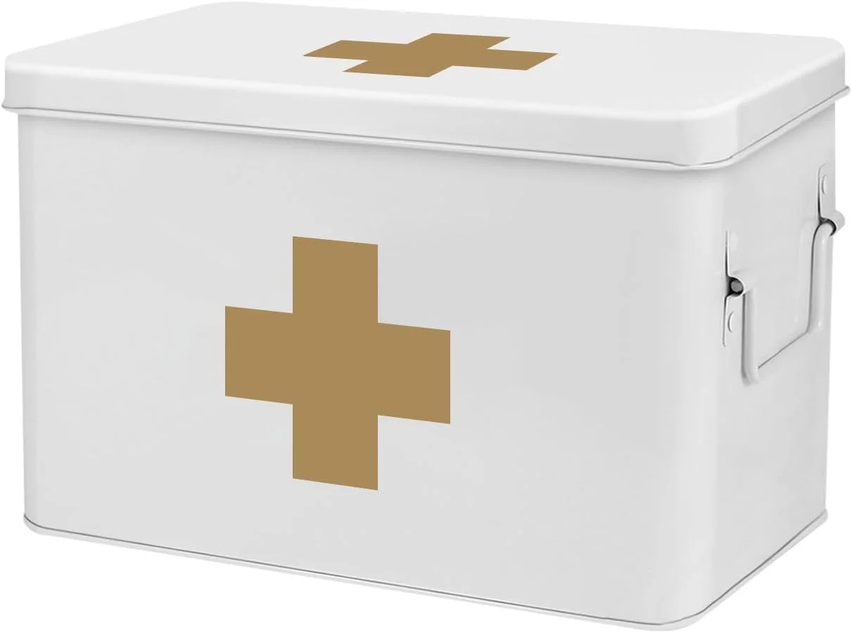 جعبه کمک های اولیه فلکسیون - جعبه فلزی کمک های اولیه خالی 33 سانتی متری، سفید رنگ، با طرح قدیمی - جعبه های نگهداری وسایل کمک های اولیه با جداکننده، سینی جداشدنی و آرم صلیب طلایی