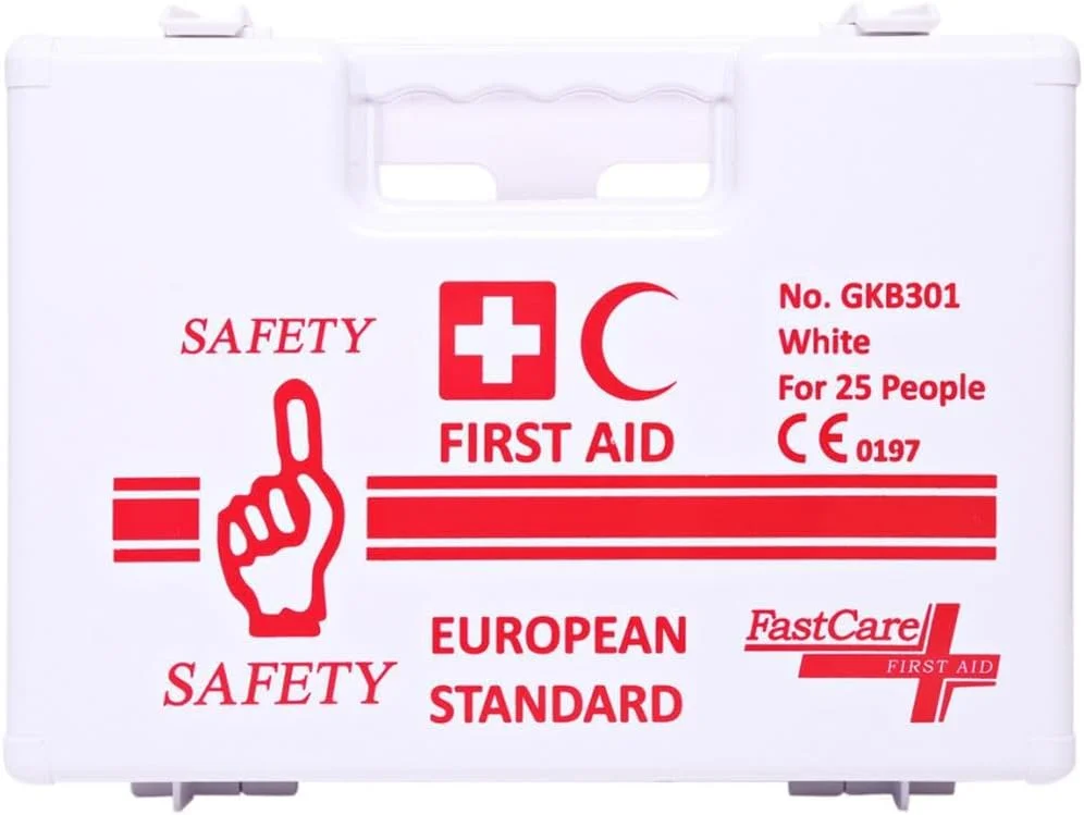 جعبه کمک های اولیه فست‌کر، سفید، شامل 149 قطعه، مناسب برای 25 نفر، استاندارد اروپا، قابل استفاده در انبار، اداره، منزل.