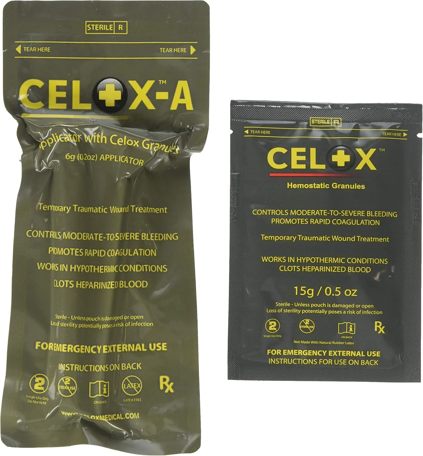 مجموعه کمک های اولیه زخم CELOX: اپلیکاتور گرانول لخته کننده خون و ست پیستون به همراه محلول لخته کننده خون اضافی