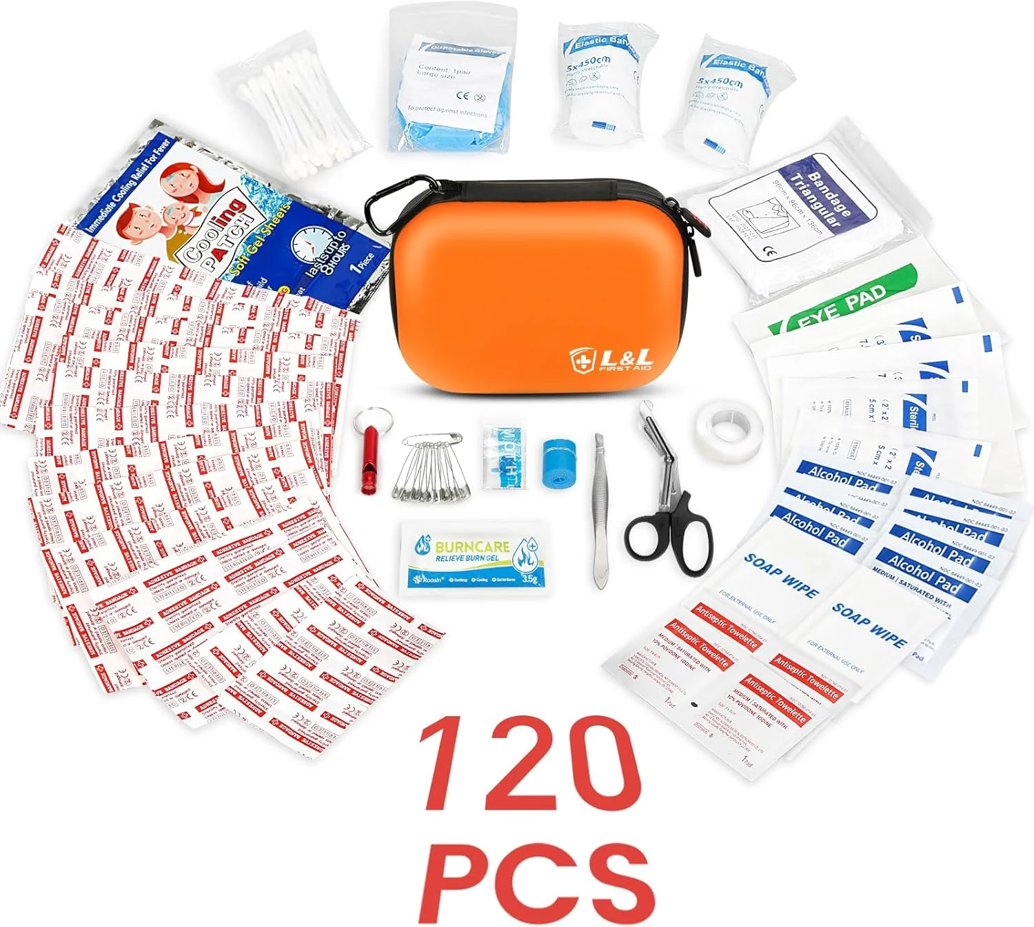جعبه کمک های اولیه 120 تکه برای سفر، خودرو و بقا در شرایط اضطراری - لوازم پزشکی ضد آب و جمع و جور با باندهای تروما، ژل سوختگی و پد خنک کننده تب | قابل حمل برای کمپینگ، پیاده روی، ورزش (نارنجی)