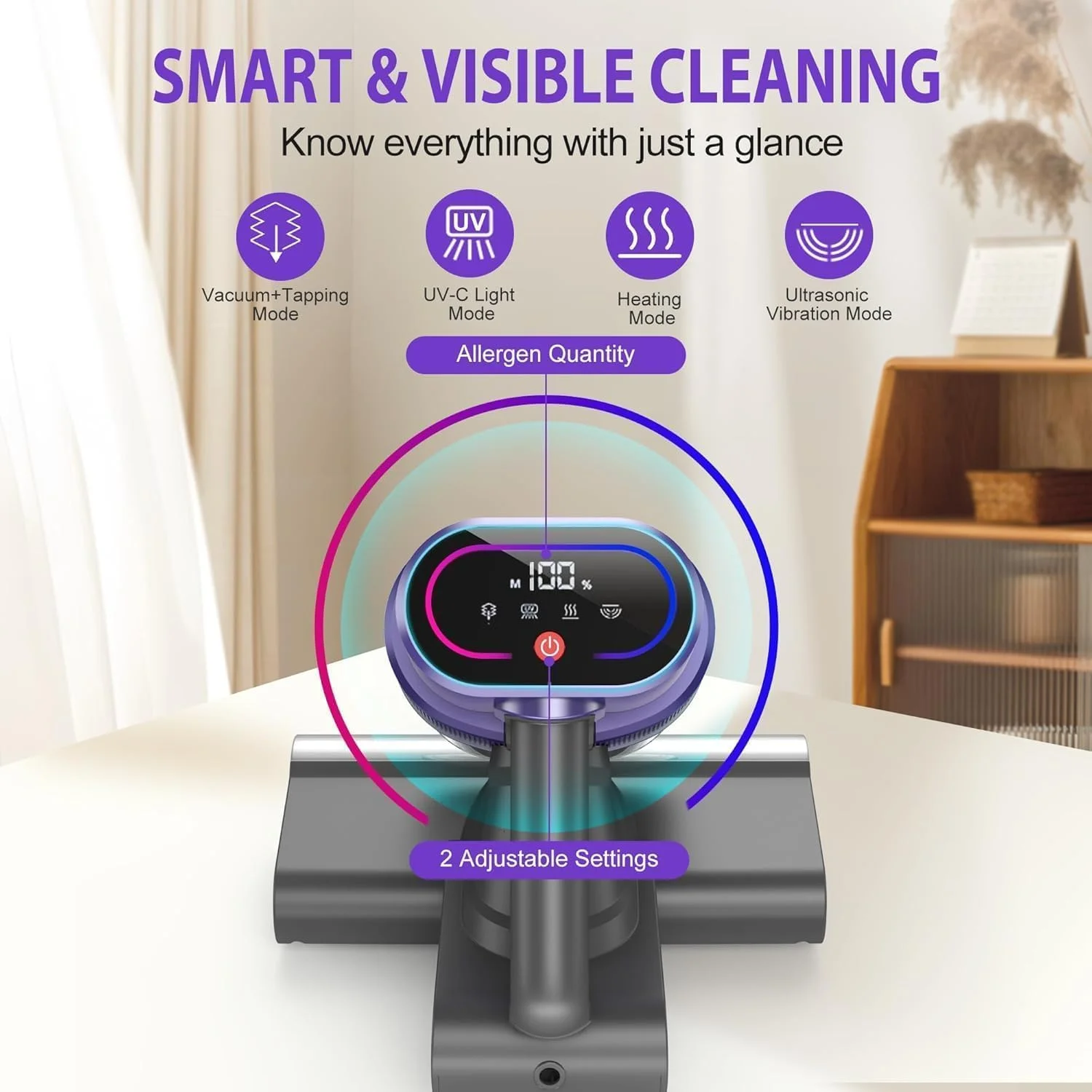 جاروبرقی تشک، جاروبرقی تخت 15Kpa، گرمایش، صفحه نمایش LED، جاروبرقی دستی قدرتمند 400 واتی برای از بین بردن گرد و غبار از تخت، مبل، کاناپه، تخت نوزاد