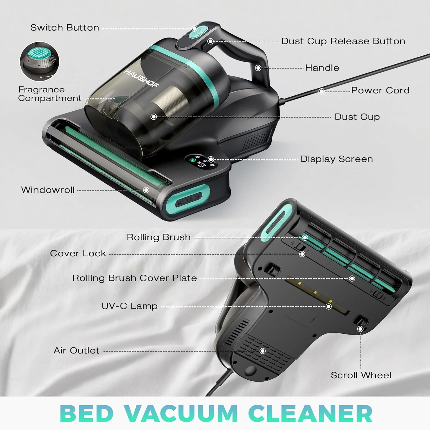 جاروبرقی تشک HAUSHOF با نور UV 275 نانومتری، جاروبرقی تخت 400 واتی با مکش 15 کیلو پاسکال، جاروبرقی دو مخزنه کنه با فیلتر HEPA، عملکرد حرارت 60 درجه سانتیگراد و رایحه درمانی برای تخت، مبل