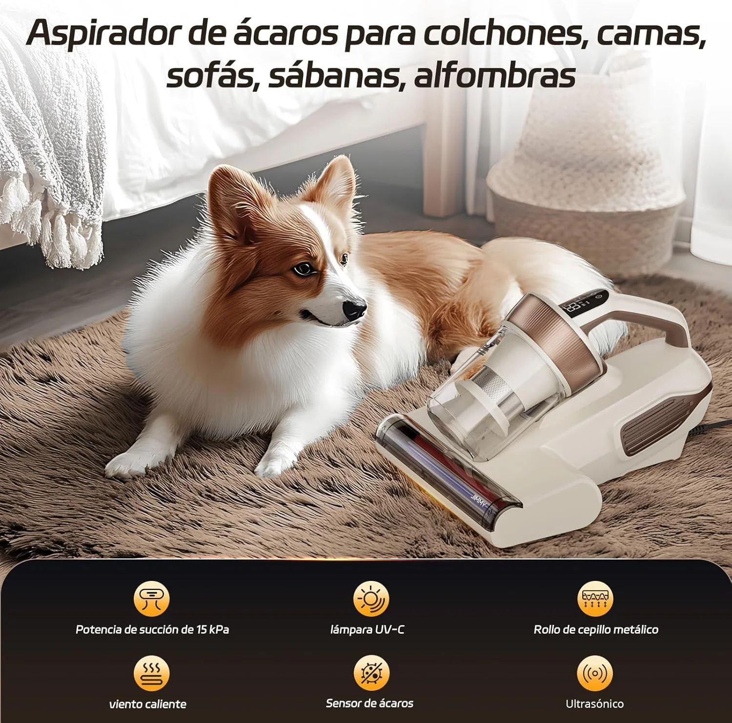 جاروبرقی تشک جیمی با نور UV-C، عملکرد هوای گرم، صفحه نمایش LED، سنسور گرد و غبار، حذف کنه های گرد و غبار 600 وات 15 کیلو پاسکال، جاروبرقی تخت خواب برای تمیز کردن عمیق تشک، مبل و غیره (BX6 Lite)