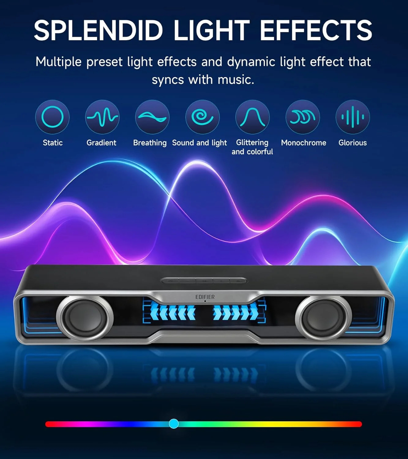 نوار صوتی چندرسانه‌ای Edifier QS30، نورپردازی پویا، بلوتوث V5.4، تقویت بیس، میکروفون داخلی، جلوه‌های صوتی متنوع، بلندگو با USB برای کامپیوتر رومیزی، لپ‌تاپ و تبلت - مشکی