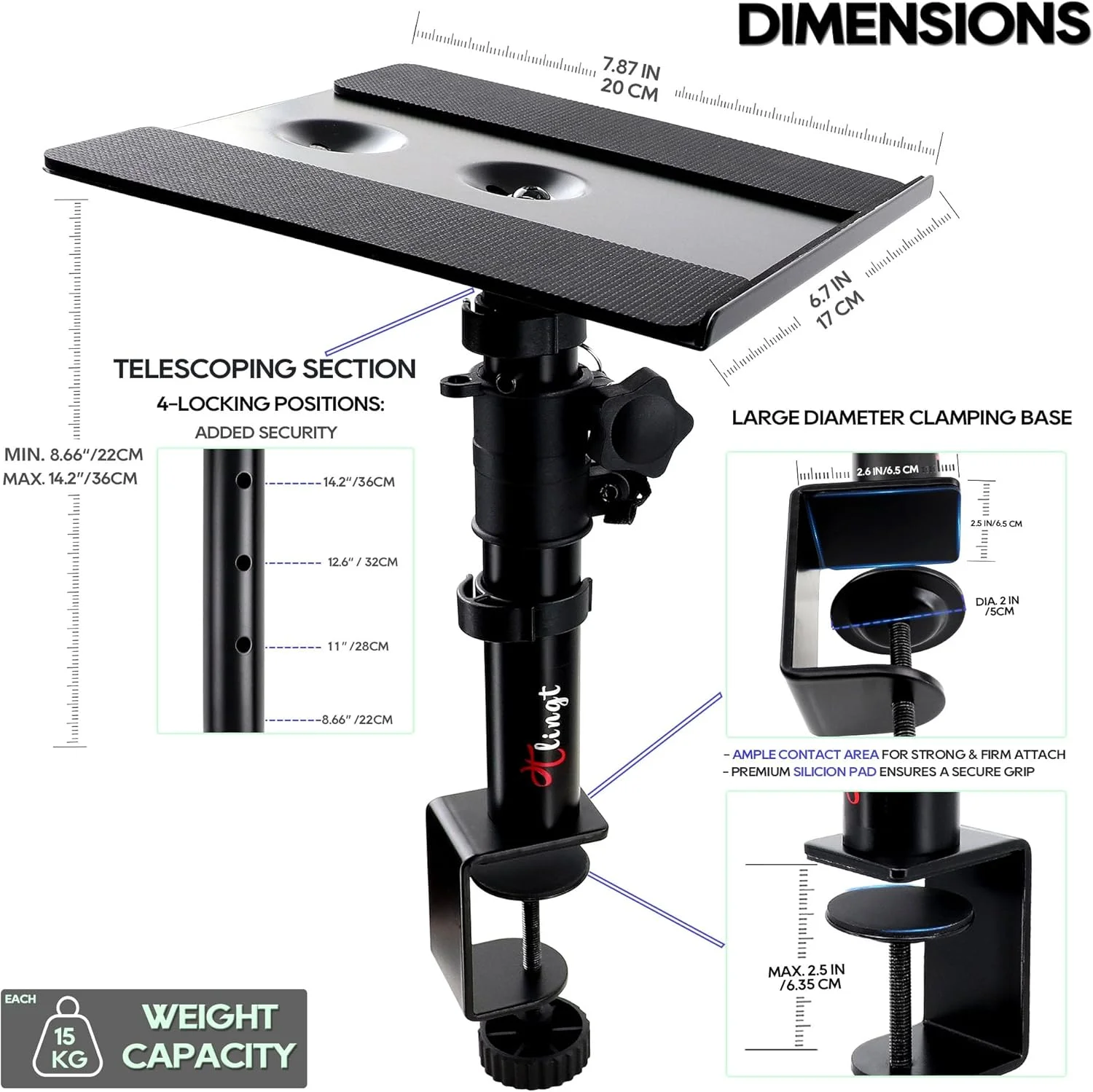 پایه رومیزی بلندگو، ست پایه نگهدارنده بلندگوی مانیتور گیره ای 2 عددی، سینی فلزی 17 در 20 سانتی متر، زاویه شیب قابل تنظیم -10 تا +10 درجه، ایده آل برای بلندگوی مانیتور 3 تا 4 اینچی، بلندگوی قفسه کتاب