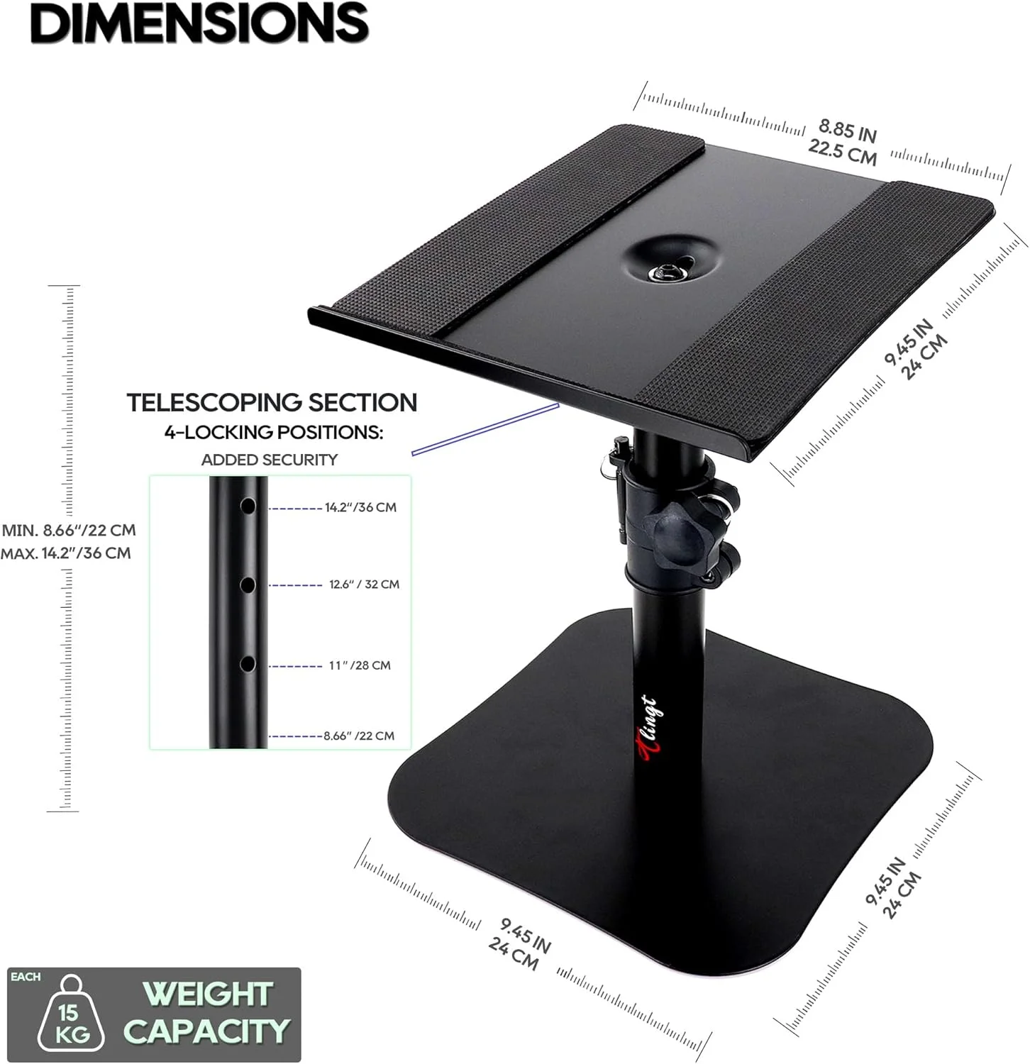 پایه رومیزی بلندگو، پایه بلندگوی مانیتور، سینی فلزی 22.5x24 سانتی‌متر با زاویه شیب +10° تا -10°، پایه تخت سازگار با هر میز، ایده‌آل برای مانیتور استودیویی 5 تا 7 اینچی، بلندگوی قفسه کتاب
