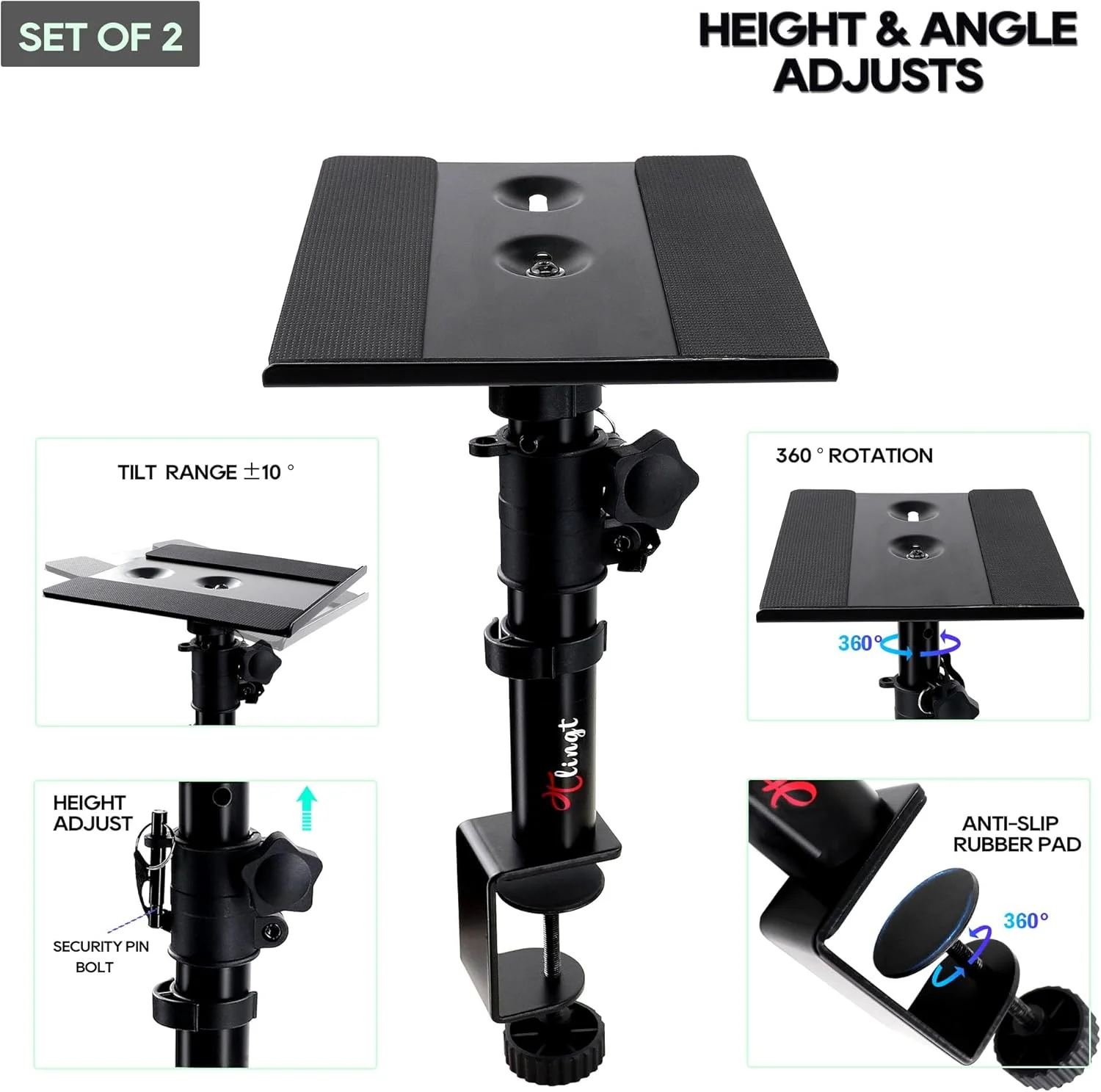 پایه رومیزی بلندگو، ست پایه نگهدارنده بلندگوی مانیتور گیره ای 2 عددی، سینی فلزی 17 در 20 سانتی متر، زاویه شیب قابل تنظیم -10 تا +10 درجه، ایده آل برای بلندگوی مانیتور 3 تا 4 اینچی، بلندگوی قفسه کتاب