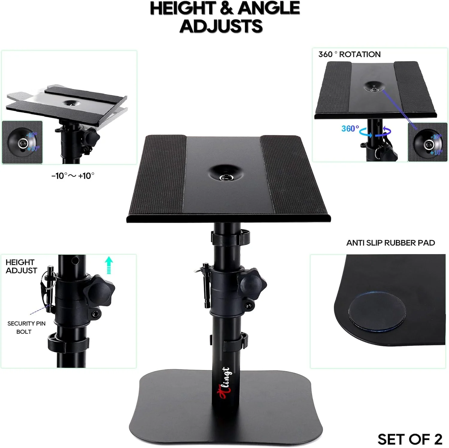 پایه رومیزی بلندگو، پایه بلندگوی مانیتور، سینی فلزی 22.5x24 سانتی‌متر با زاویه شیب +10° تا -10°، پایه تخت سازگار با هر میز، ایده‌آل برای مانیتور استودیویی 5 تا 7 اینچی، بلندگوی قفسه کتاب