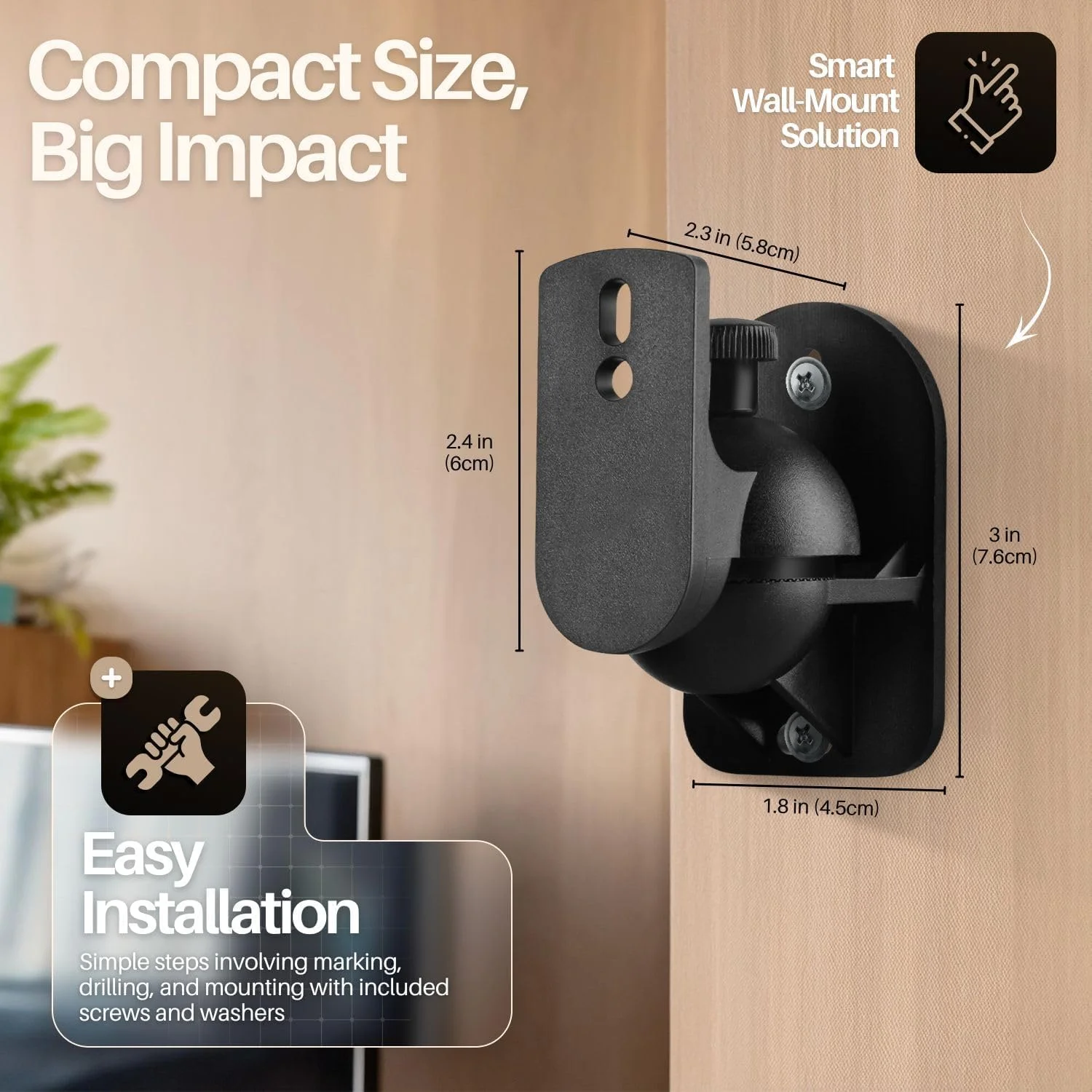 بسته 2 عددی بست های دیواری/سقفی مشکی یونیورسال برای بلندگوهای ماهواره ای، قابل تنظیم چرخش و شیب برای سیستم های صوتی فراگیر سینمای خانگی، مناسب برای اکثر بلندگوهای ماهواره ای