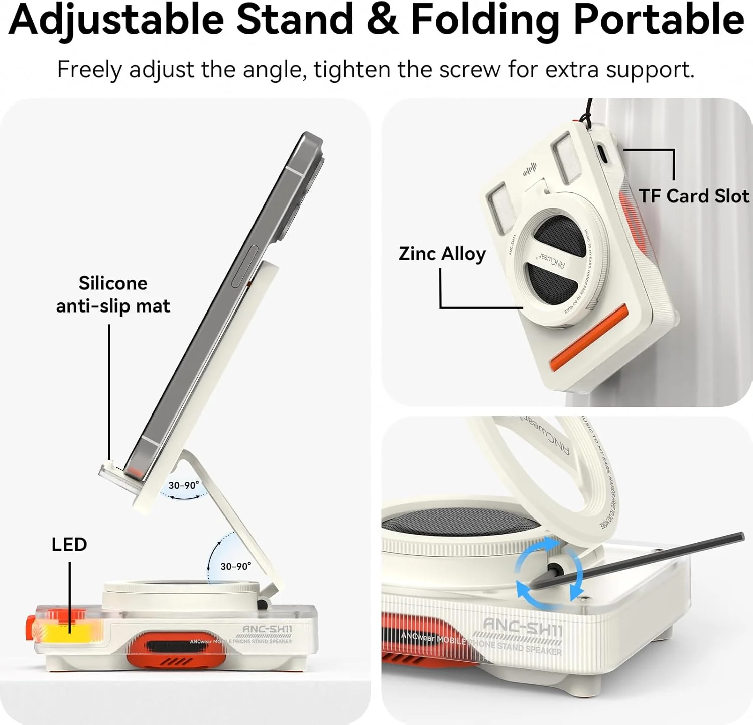 پایه نگهدارنده تلفن همراه با بلندگوی بلوتوثی 5.4 بی سیم، بلندگوی بلوتوثی قابل حمل برای تلفن سازگار با آیفون/آیپد/گلکسی، برای میز، خانه و فضای باز (سفید)