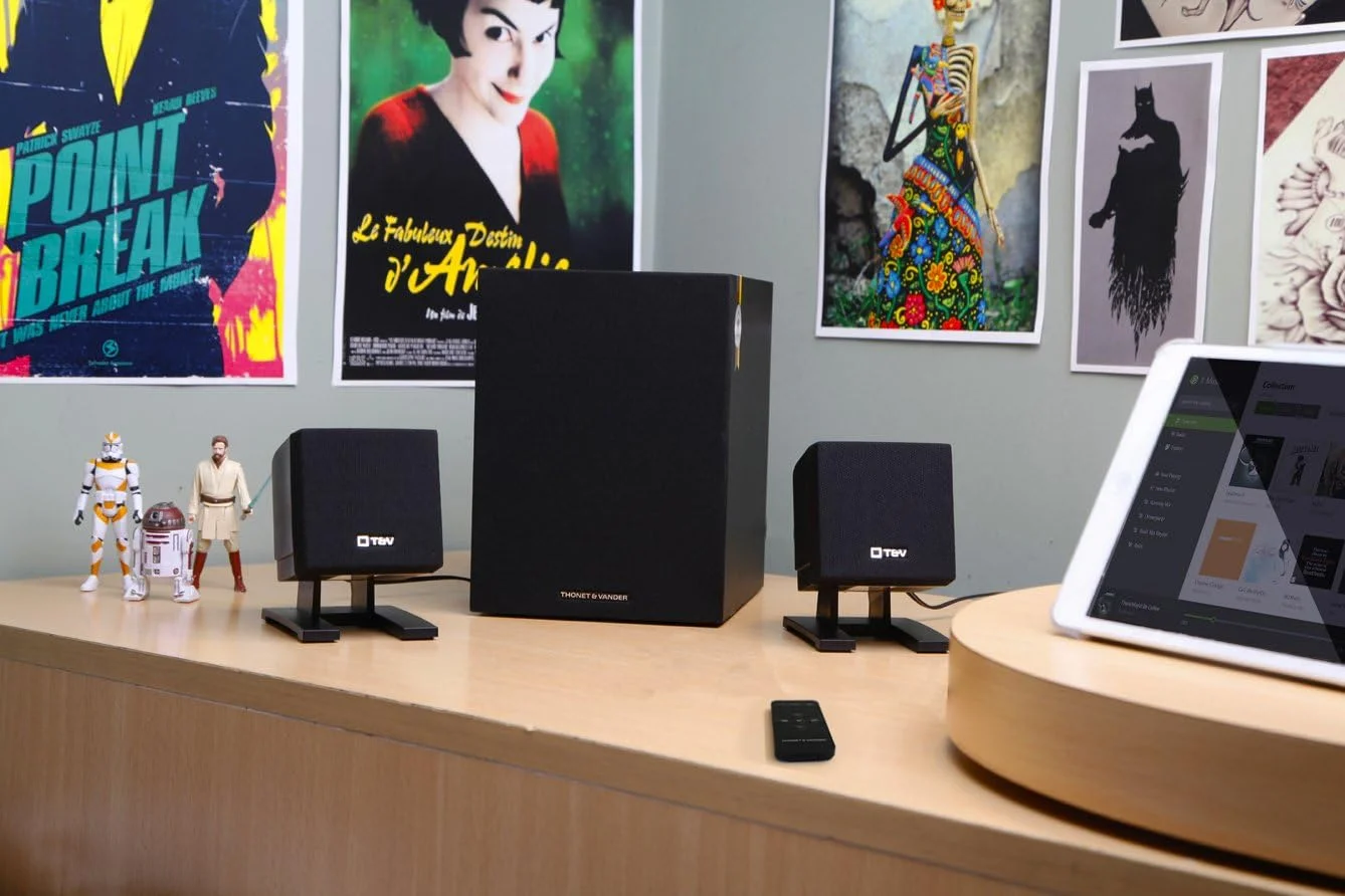 اسپیکرهای بلوتوث رومیزی Thonet & Vander با ساب ووفر صدای فراگیر، کنترل های صوتی، بیس قوی، صدای HD 100 واتی ساخته شده از چوب با چگالی بالا برای خانه، دفتر، مهمانی، بازی - Spiel مشکی