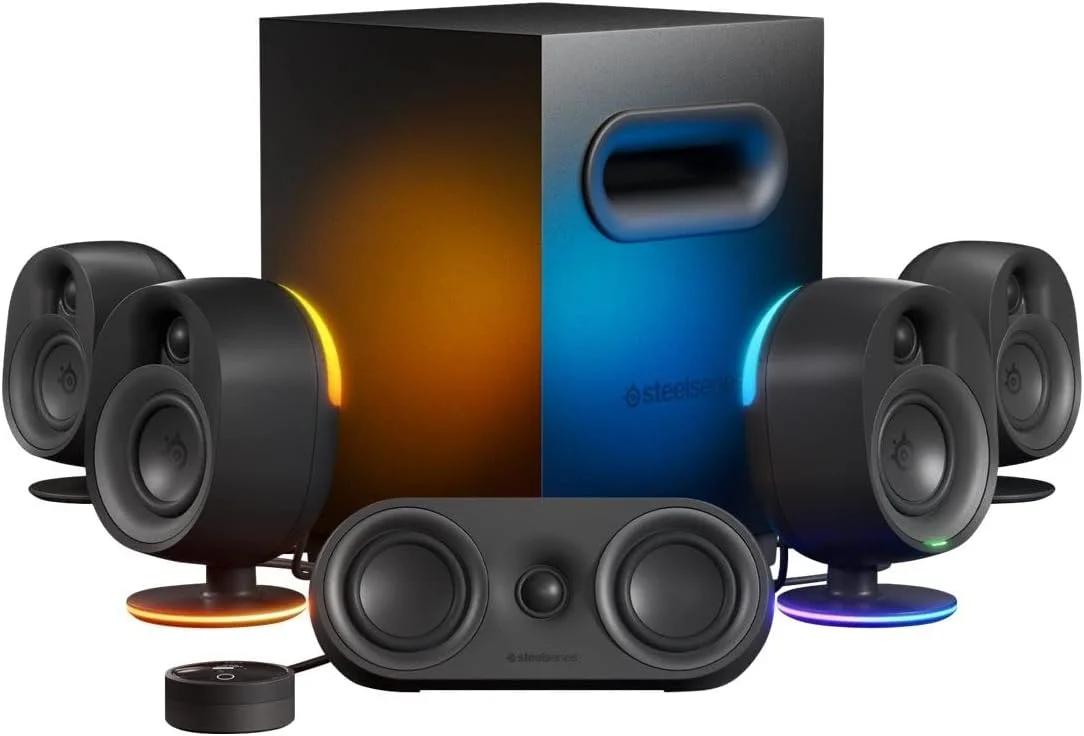 اسپیکرهای گیمینگ 5.1 استیل سریز Arena 9 RGB با نورپردازی، صدای فراگیر 5.1 USB، اسپیکرهای پشتی بی سیم، طراحی اسپیکر 2 طرفه، نورپردازی RGB واکنشی، USB، BT، موبایل