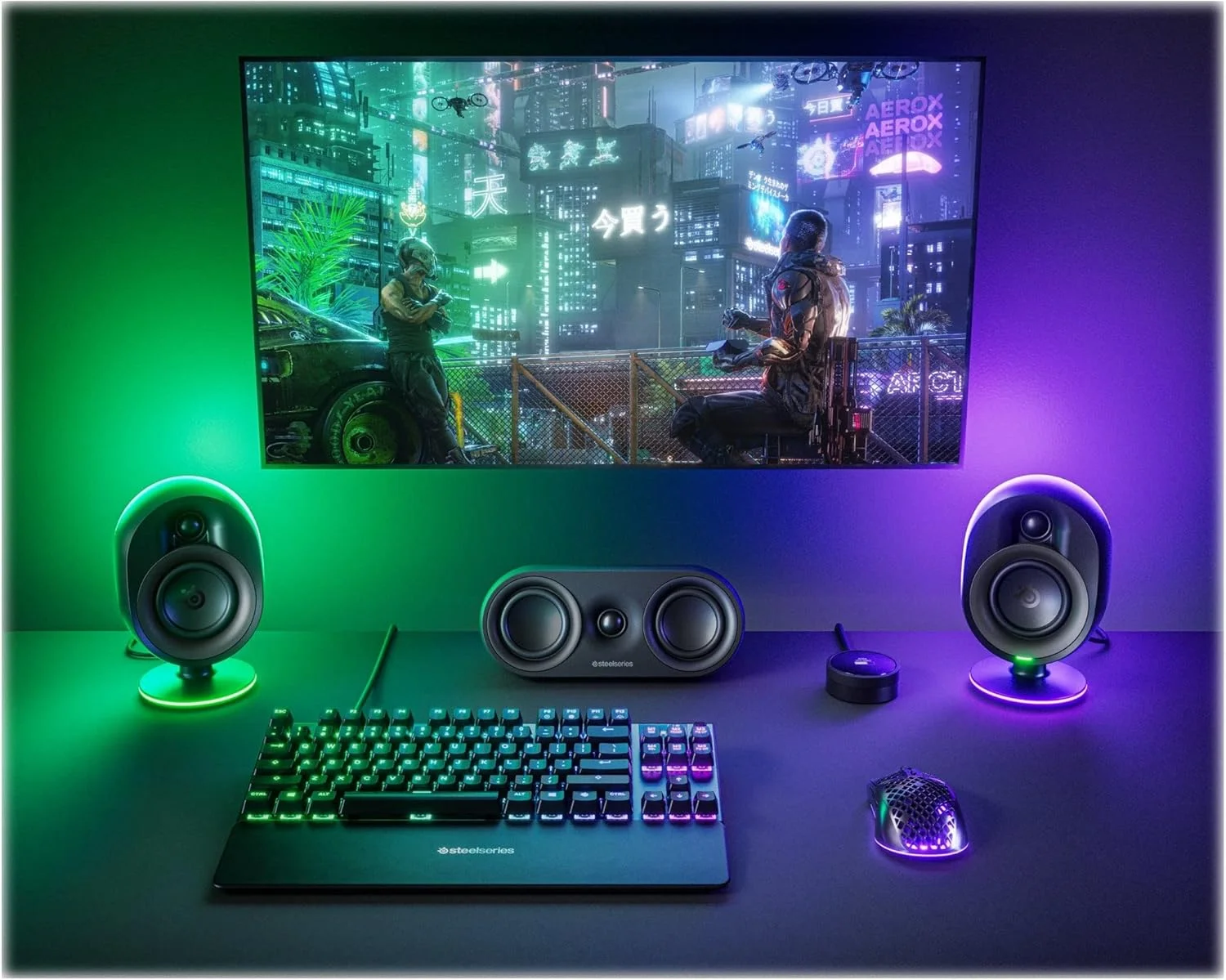 اسپیکرهای گیمینگ 5.1 استیل سریز Arena 9 RGB با نورپردازی، صدای فراگیر 5.1 USB، اسپیکرهای پشتی بی سیم، طراحی اسپیکر 2 طرفه، نورپردازی RGB واکنشی، USB، BT، موبایل