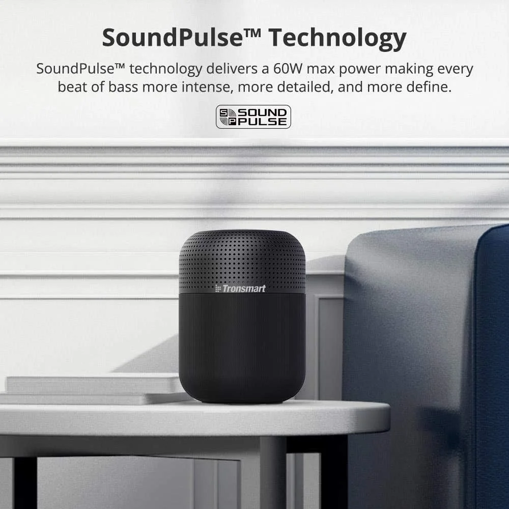 اسپیکر بلوتوثی قابل حمل خانگی ترونسمارت T6 Max، قدرتمند با 5 درایور به همراه ساب ووفر و 8 رادیاتور باس، صدای فراگیر 360 درجه، 60 وات، 20 ساعت پخش، ضد آب IPX5