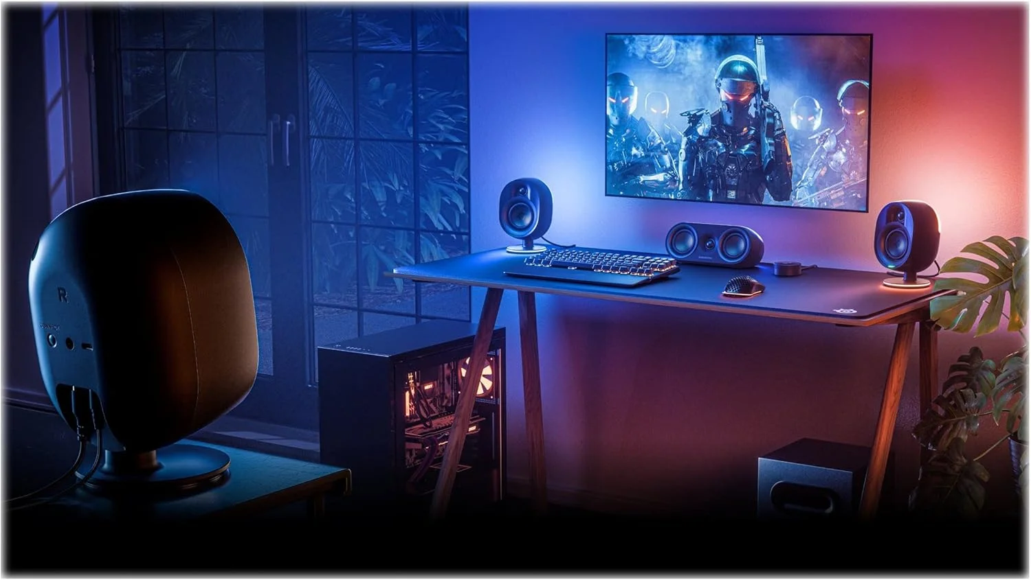 اسپیکرهای گیمینگ 5.1 استیل سریز Arena 9 RGB با نورپردازی، صدای فراگیر 5.1 USB، اسپیکرهای پشتی بی سیم، طراحی اسپیکر 2 طرفه، نورپردازی RGB واکنشی، USB، BT، موبایل