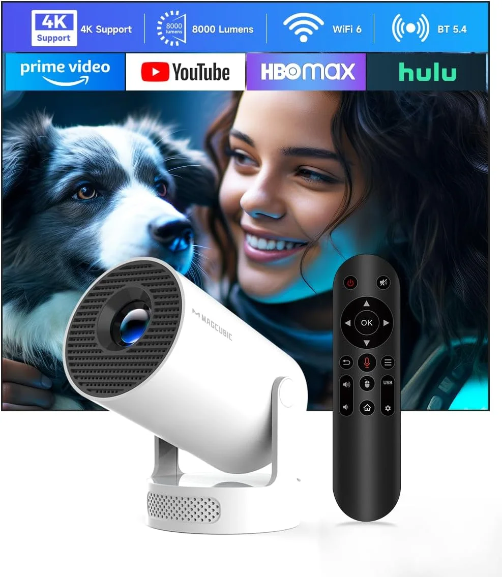 مینی پروژکتور با WiFi 6 و بلوتوث 5.4، پروژکتور قابل حمل با پشتیبانی از 4K، بلندگوی 5 واتی Soundbase، اصلاح زاویه عمودی خودکار و چرخش 180 درجه، پروژکتور هوشمند برای فیلم، خانه، فضای باز HY300Pro+